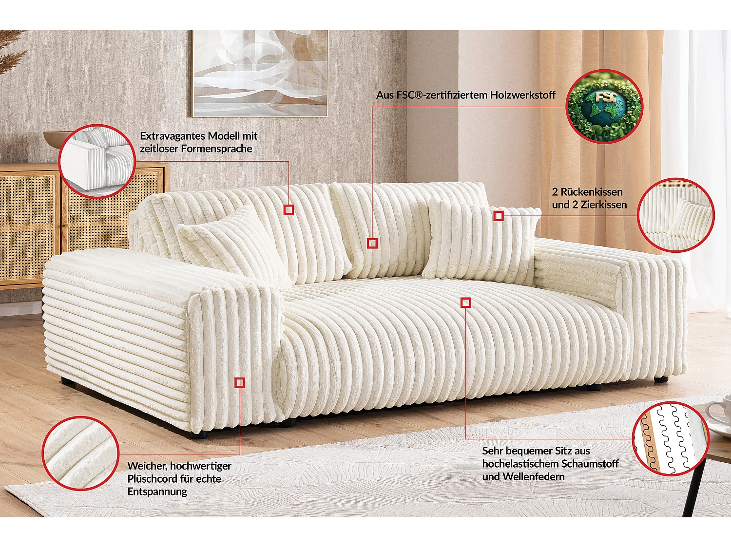 Mollis - Sofa 3 Sitzer aus Hellbeige Plüschcord mit schöner Sitzkomfort