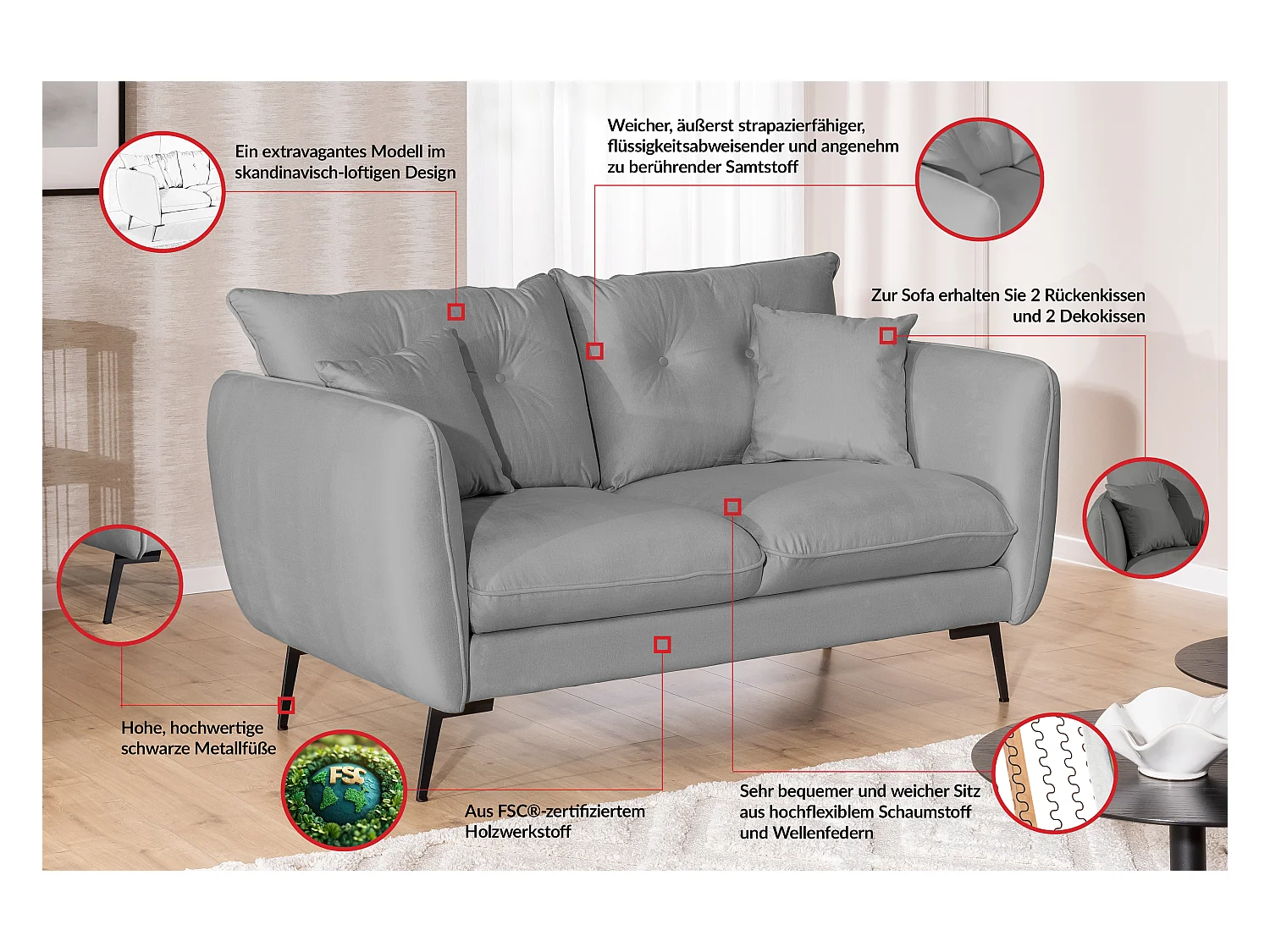 Nordloft - Modernes Sofa 2-Sitzer aus Hellgrau Samt-Stoff mit Hohen Schwarzen Metallfüßen und schöner Sitzkomfort