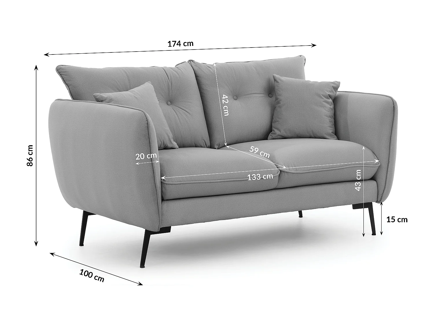 Nordloft - Modernes Sofa 2-Sitzer aus Hellgrau Samt-Stoff mit Hohen Schwarzen Metallfüßen und schöner Sitzkomfort