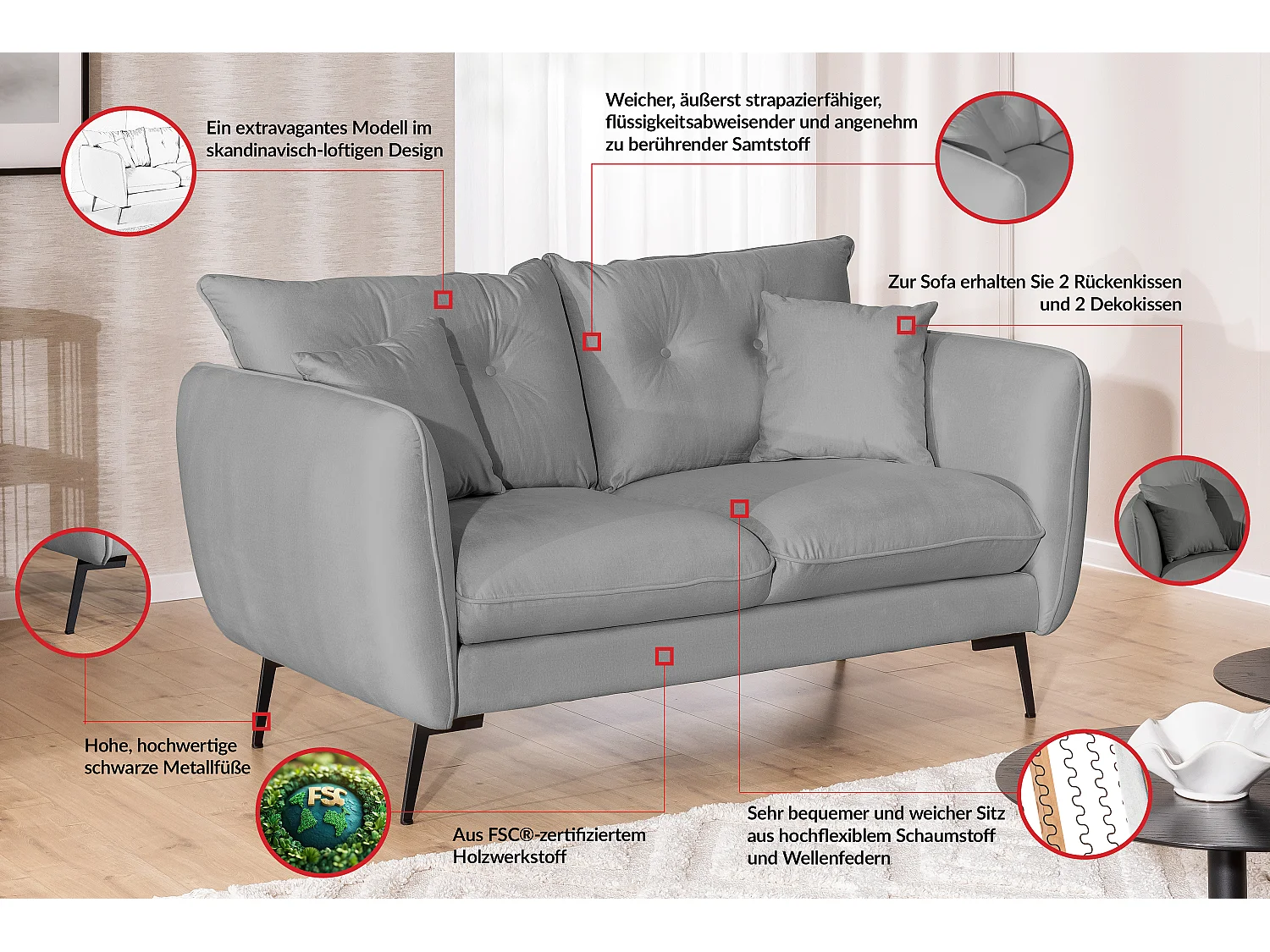 Nordloft - Modernes Sofa 2-Sitzer aus Hellgrau Samt-Stoff mit Hohen Schwarzen Metallfüßen und schöner Sitzkomfort