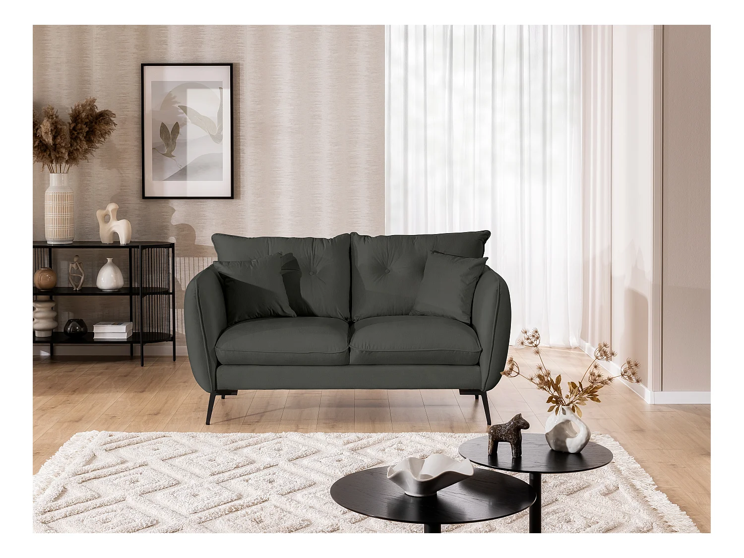 Canapé droit 2 places en tissu avec de hauts pieds en métal noir Nordloft