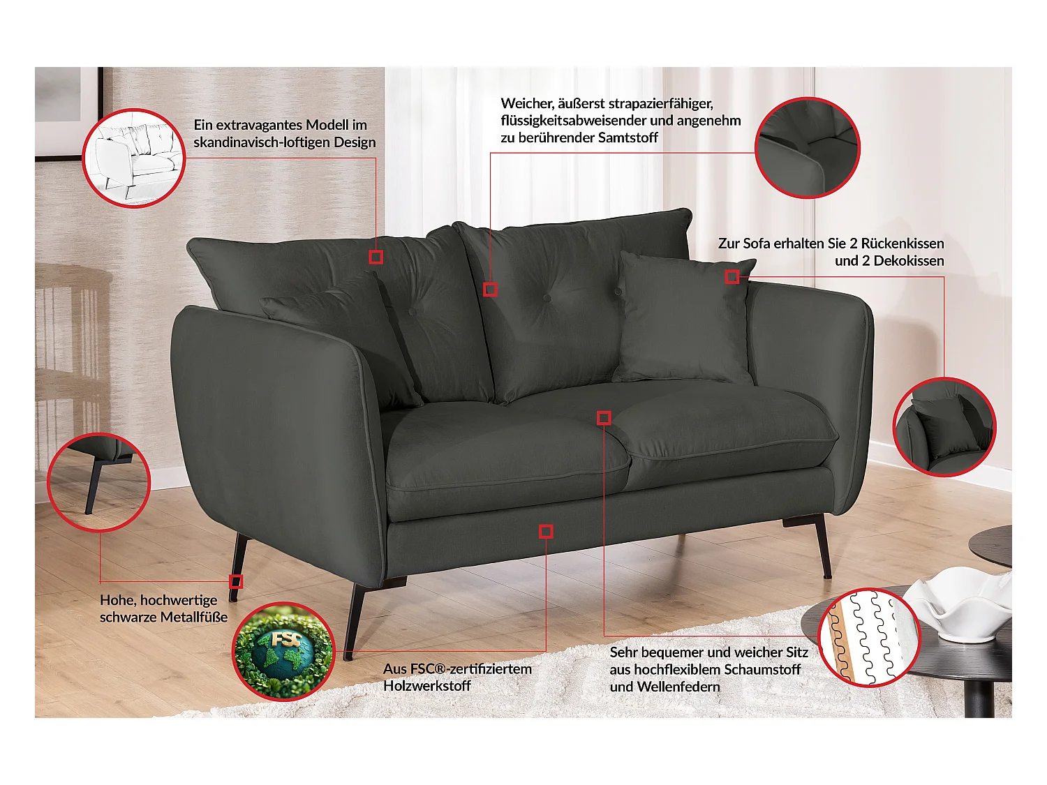 Canapé droit 2 places en tissu avec de hauts pieds en métal noir Nordloft