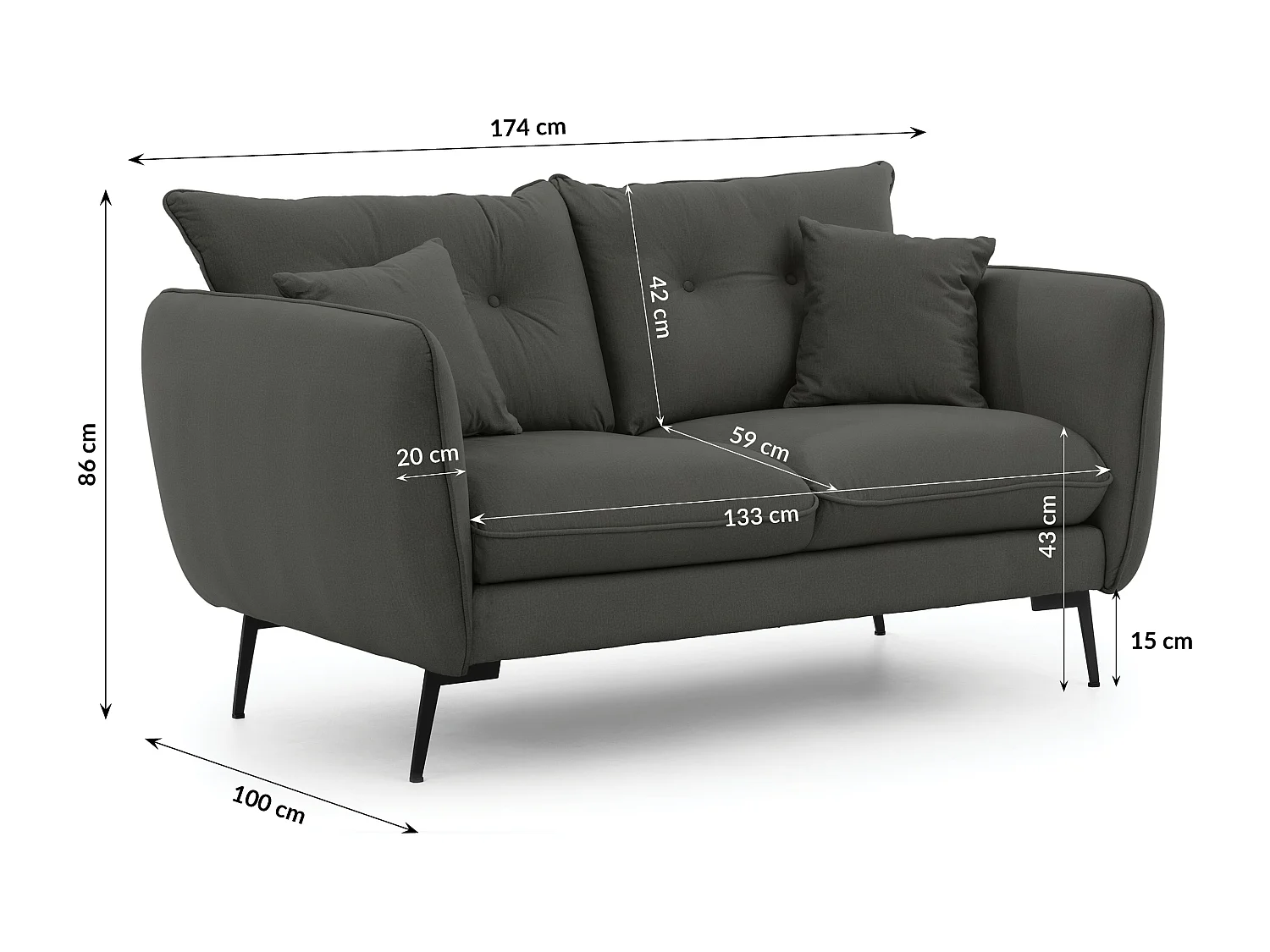 Canapé droit 2 places en tissu avec de hauts pieds en métal noir Nordloft