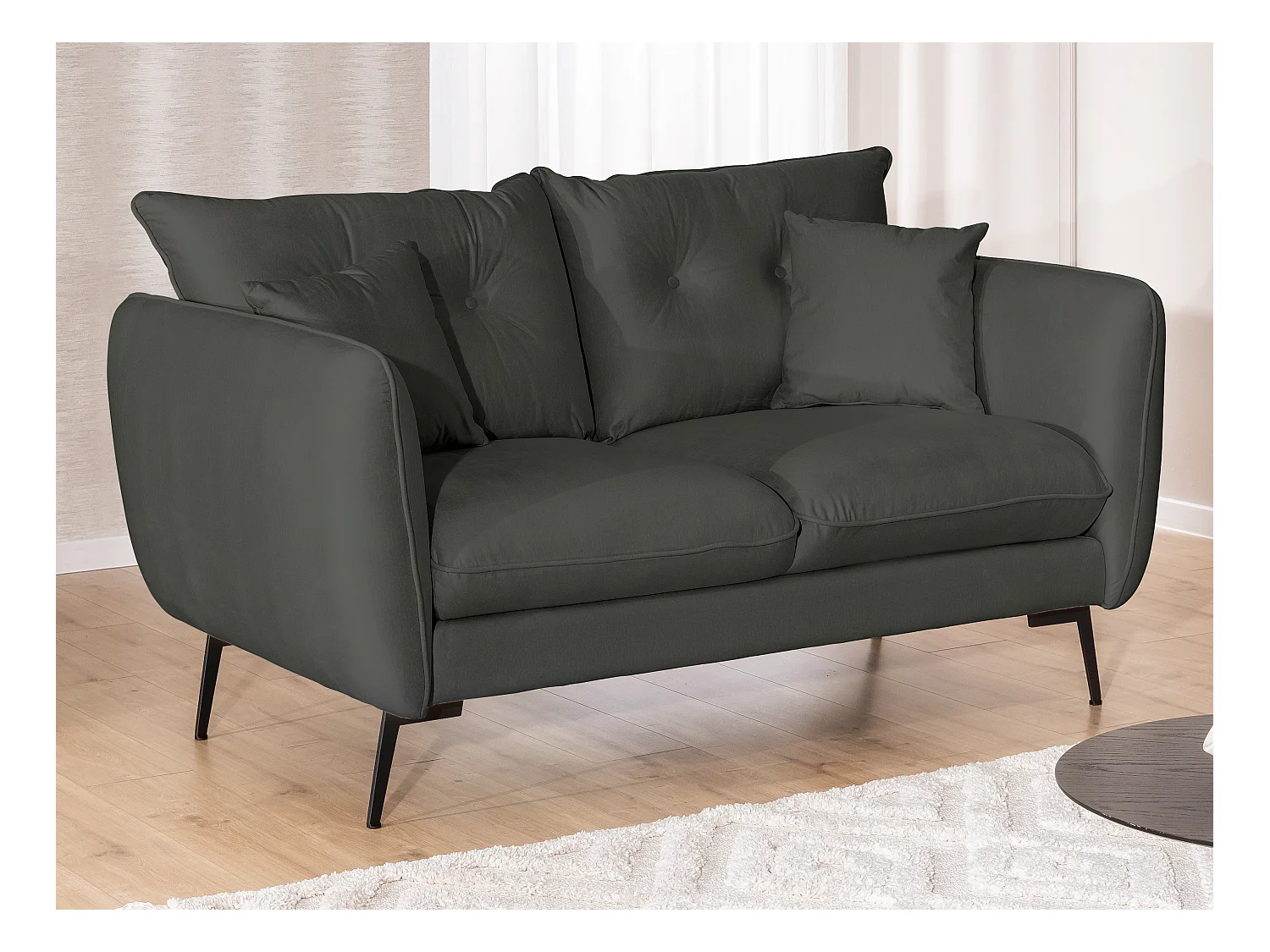 Nordloft - Modernes Sofa 2-Sitzer aus Dunkelgrau Samt-Stoff mit Hohen Schwarzen Metallfüßen und schöner Sitzkomfort