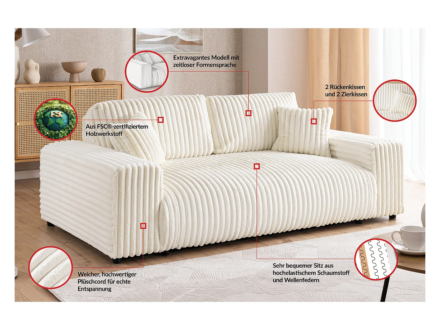 Mollis - Sofa 2 Sitzer aus Plüschcord mit schöner Sitzkomfort