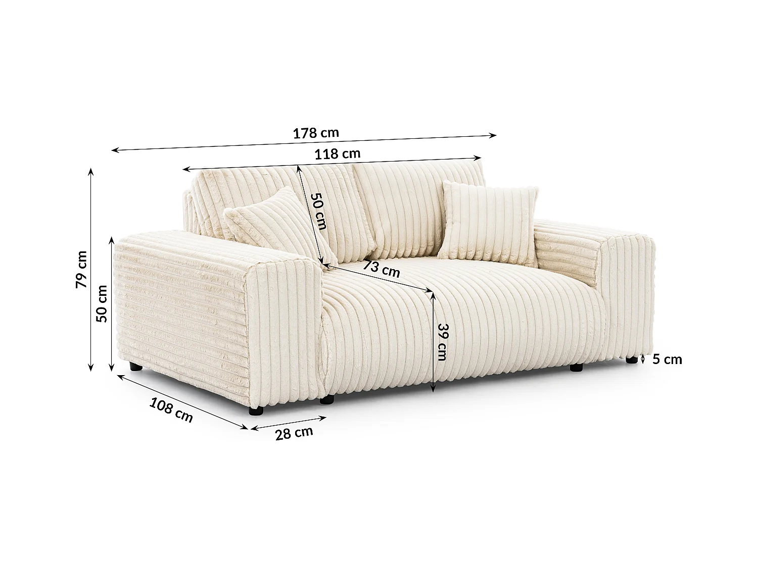 Mollis - Sofa 2 Sitzer aus Plüschcord mit schöner Sitzkomfort