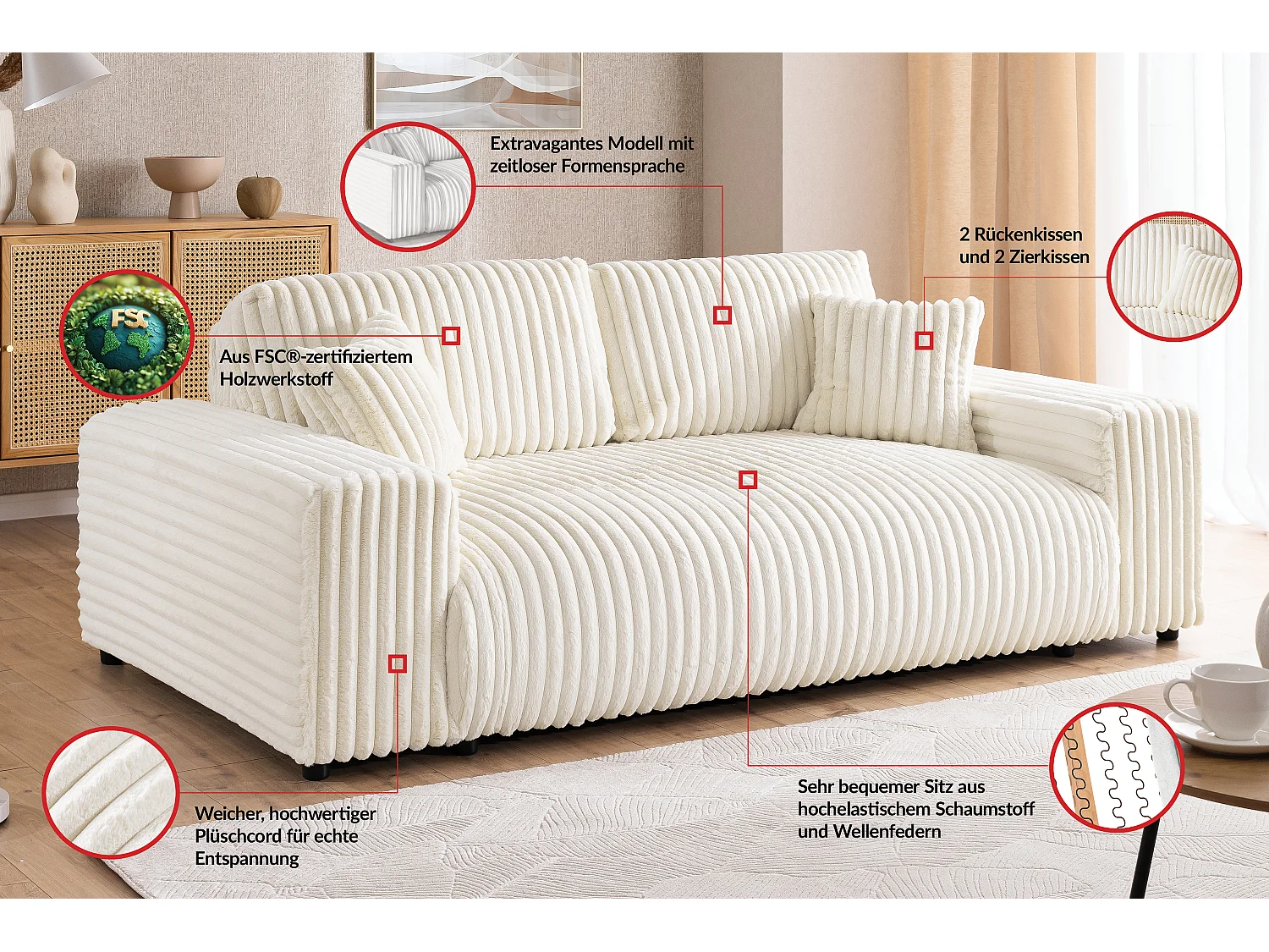 Mollis - Sofa 2 Sitzer aus Plüschcord mit schöner Sitzkomfort