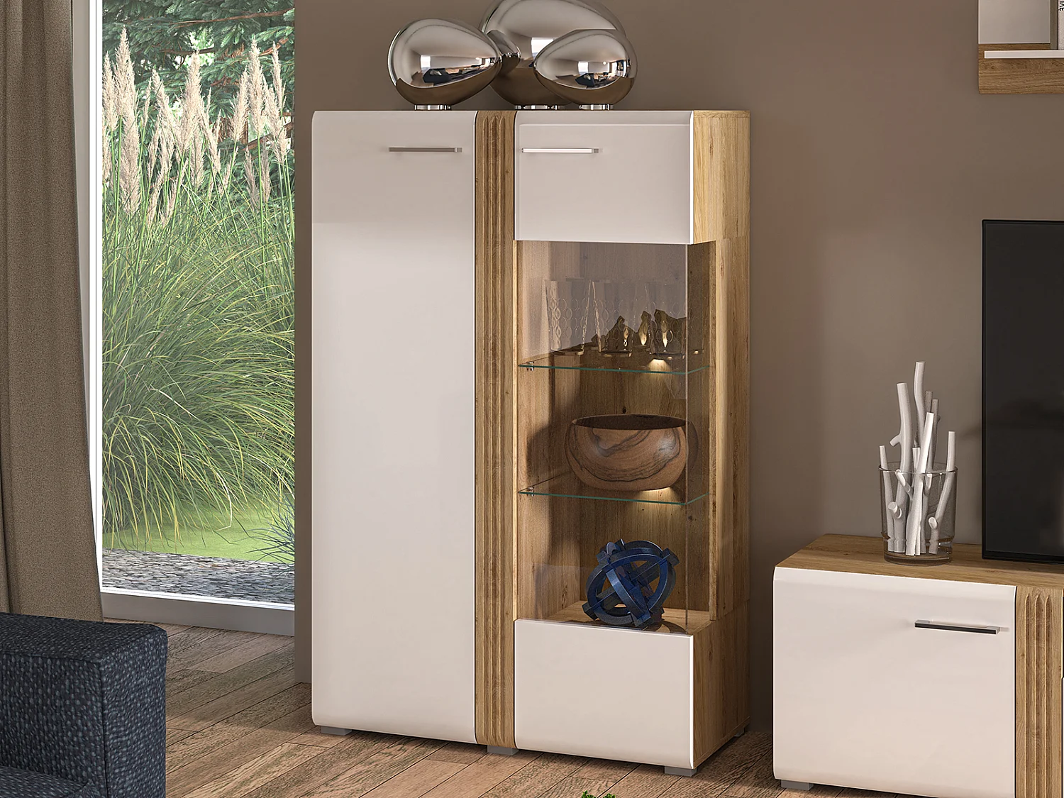 STAURAUMVITRINE Adagio weiß Hochglanz / Eiche castello 92 / 42 / 143cm