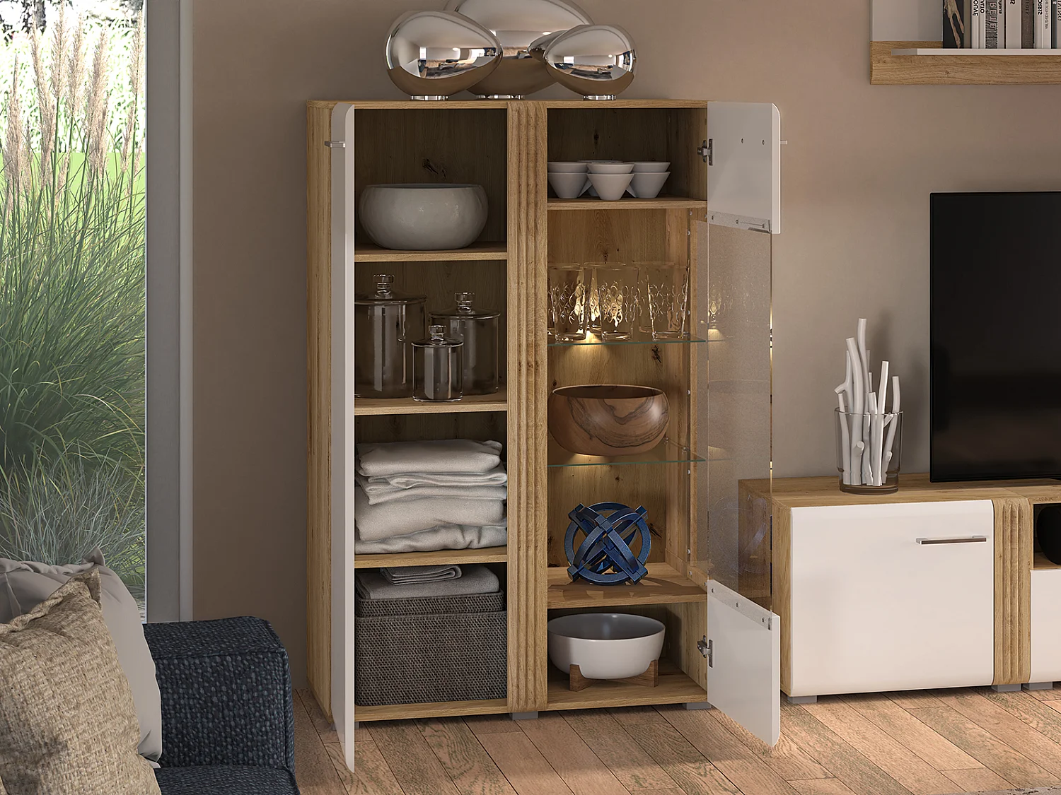 STAURAUMVITRINE Adagio weiß Hochglanz / Eiche castello 92 / 42 / 143cm