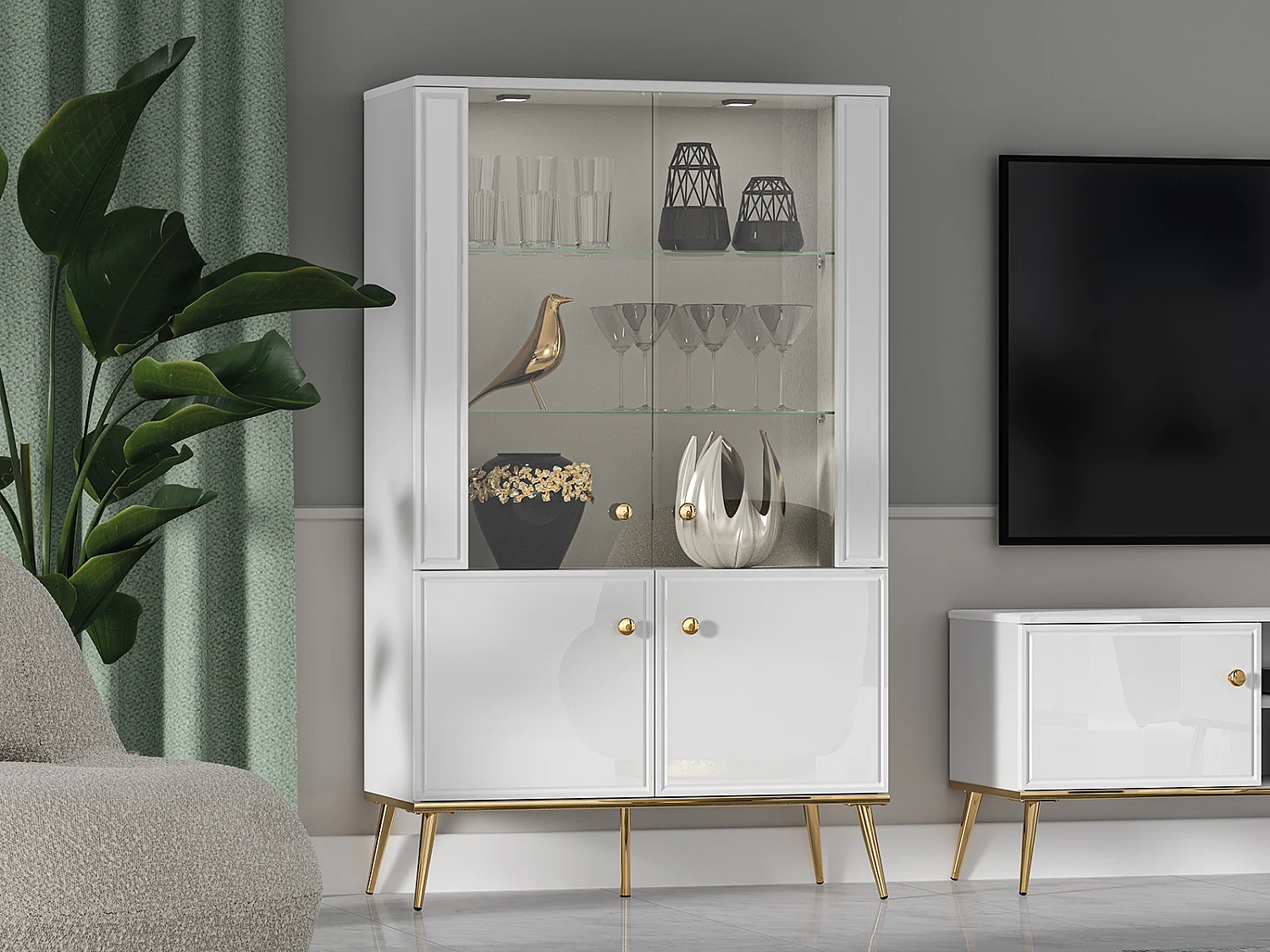 STAURAUMVITRINE Goldin weiß / weiß hochglanz / gold 92 / 40 / 152cm