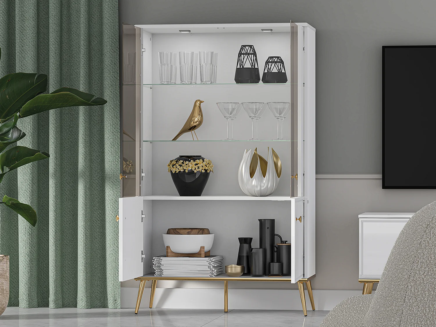 STAURAUMVITRINE Goldin weiß / weiß hochglanz / gold 92 / 40 / 152cm