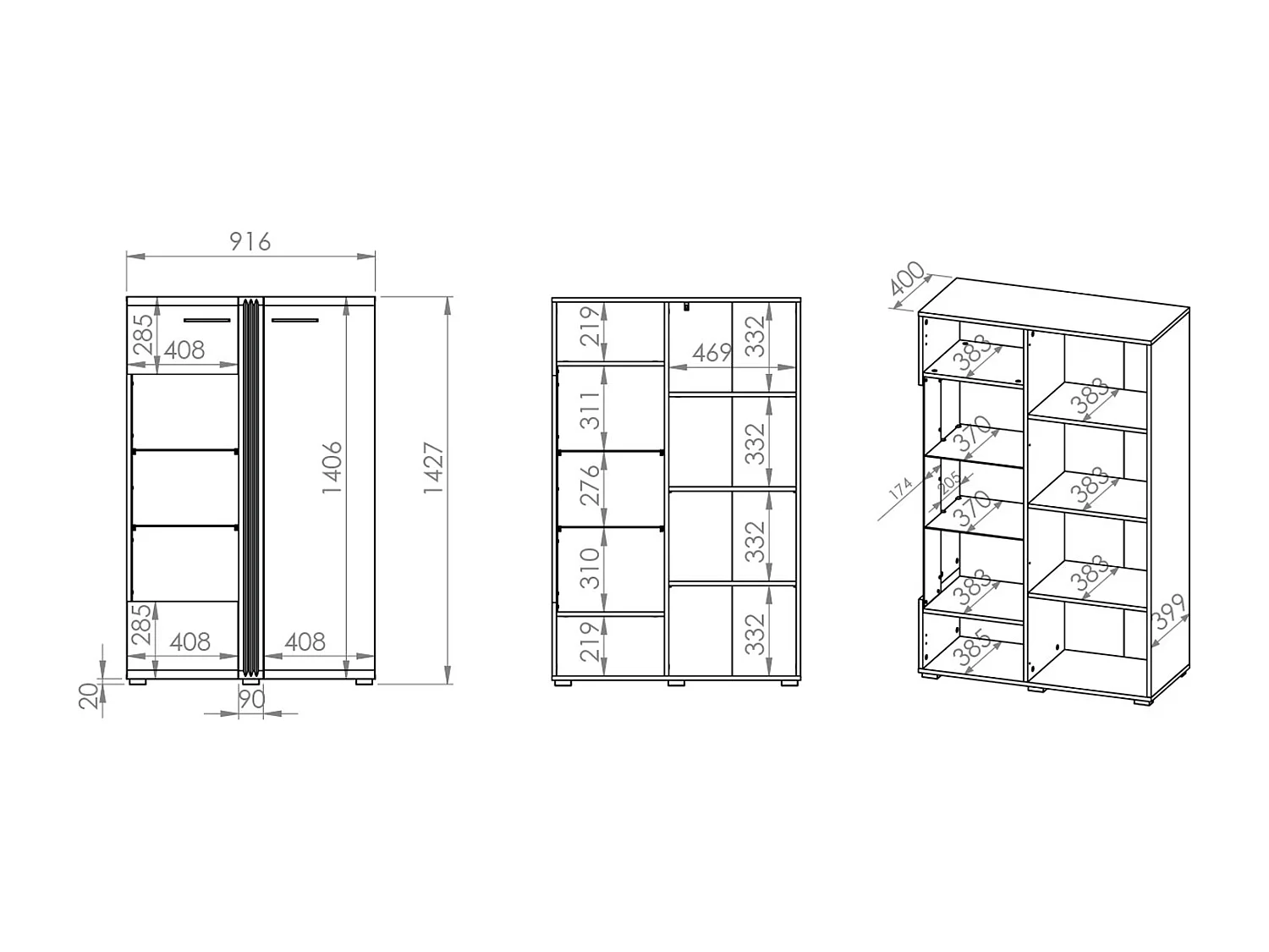 STAURAUMVITRINE Adagio weiß Hochglanz / Eiche castello 65 / 42 / 196cm