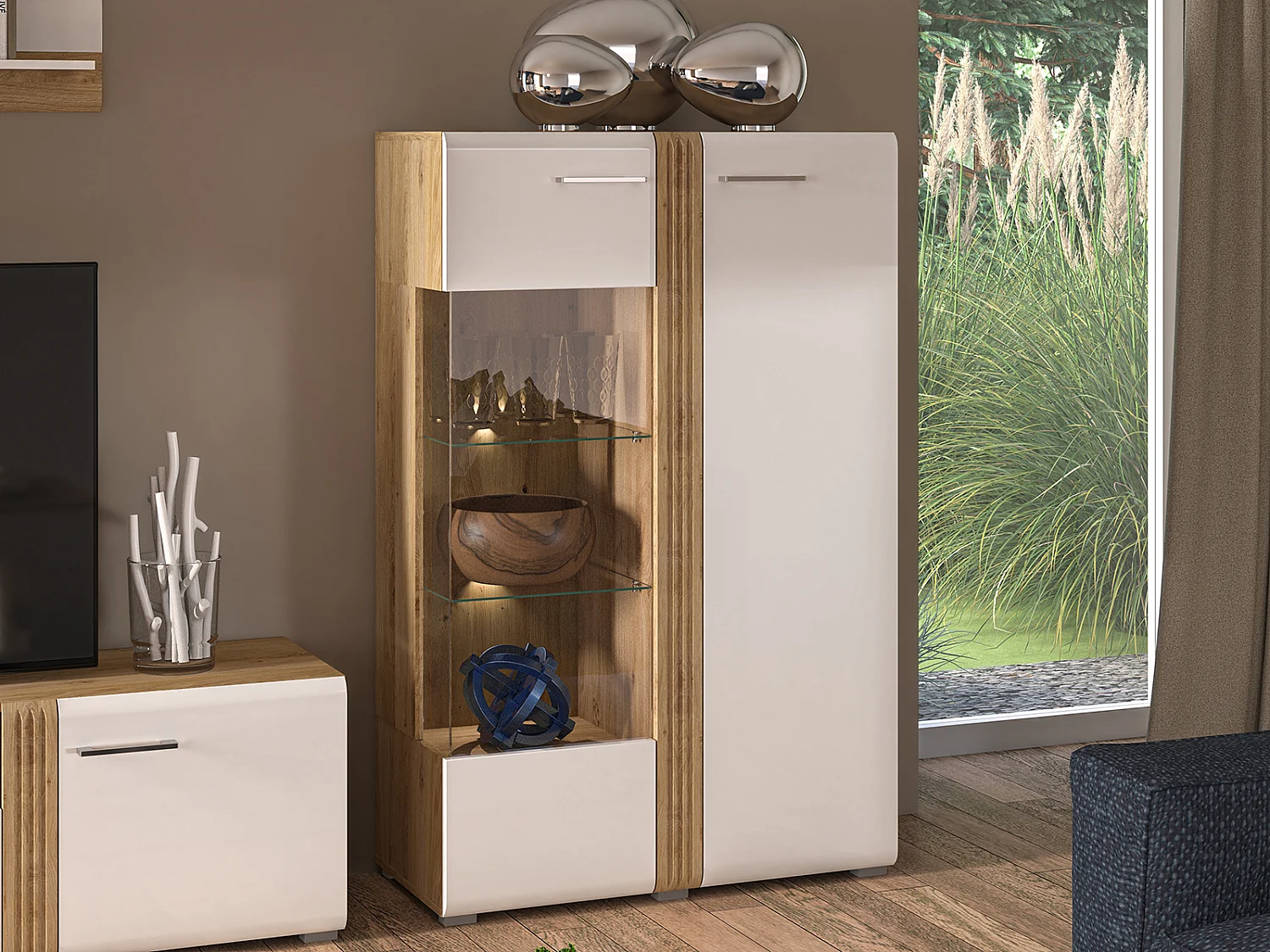 STAURAUMVITRINE Adagio weiß Hochglanz / Eiche castello 65 / 42 / 196cm