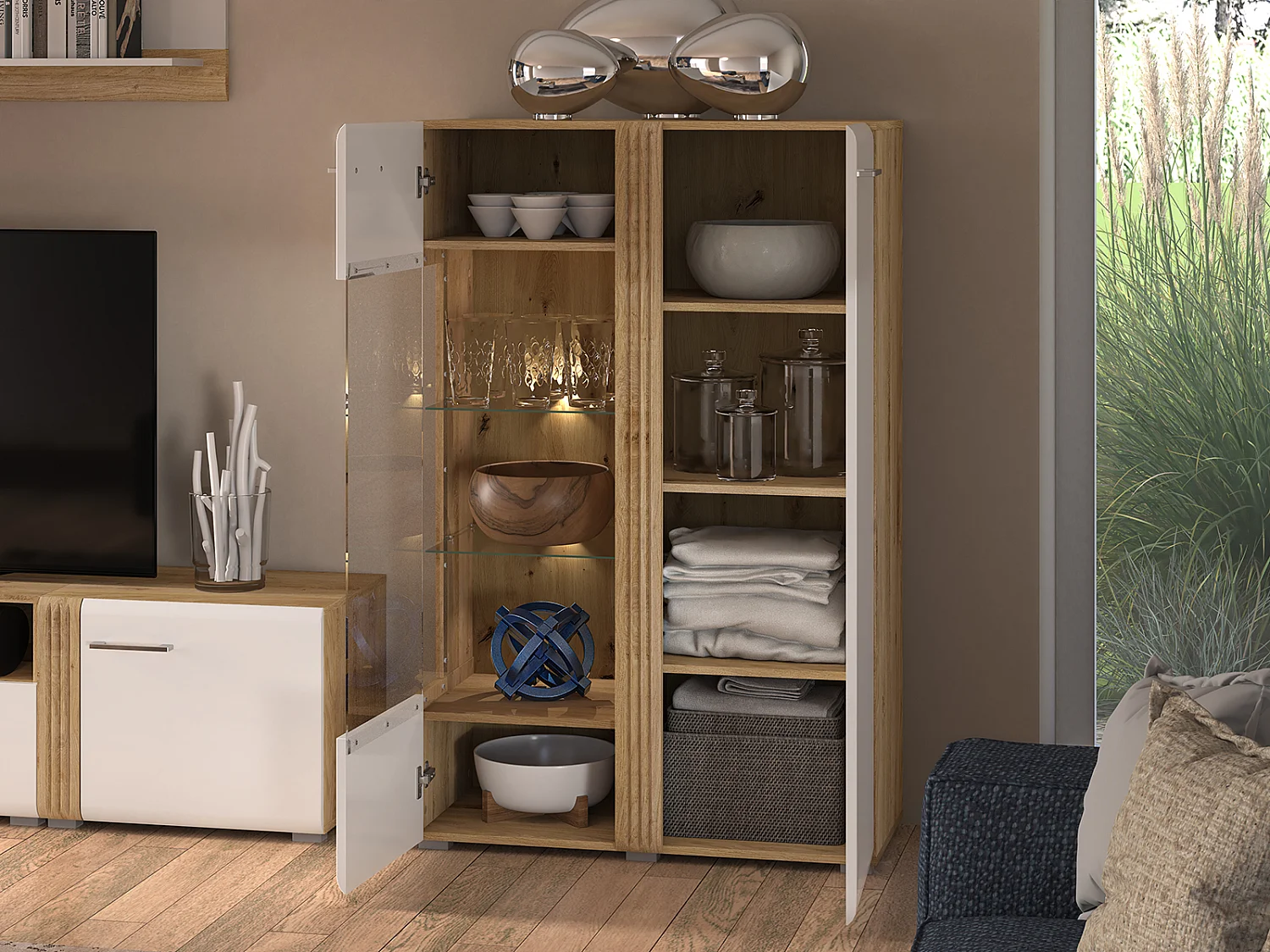 STAURAUMVITRINE Adagio weiß Hochglanz / Eiche castello 65 / 42 / 196cm