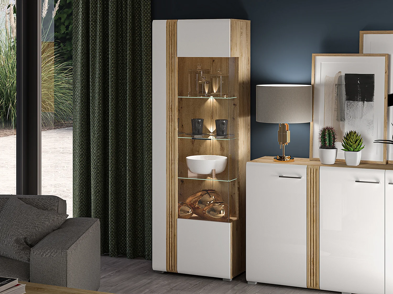 STANDVITRINE Adagio weiß Hochglanz / Eiche castello 65 / 42 / 196cm