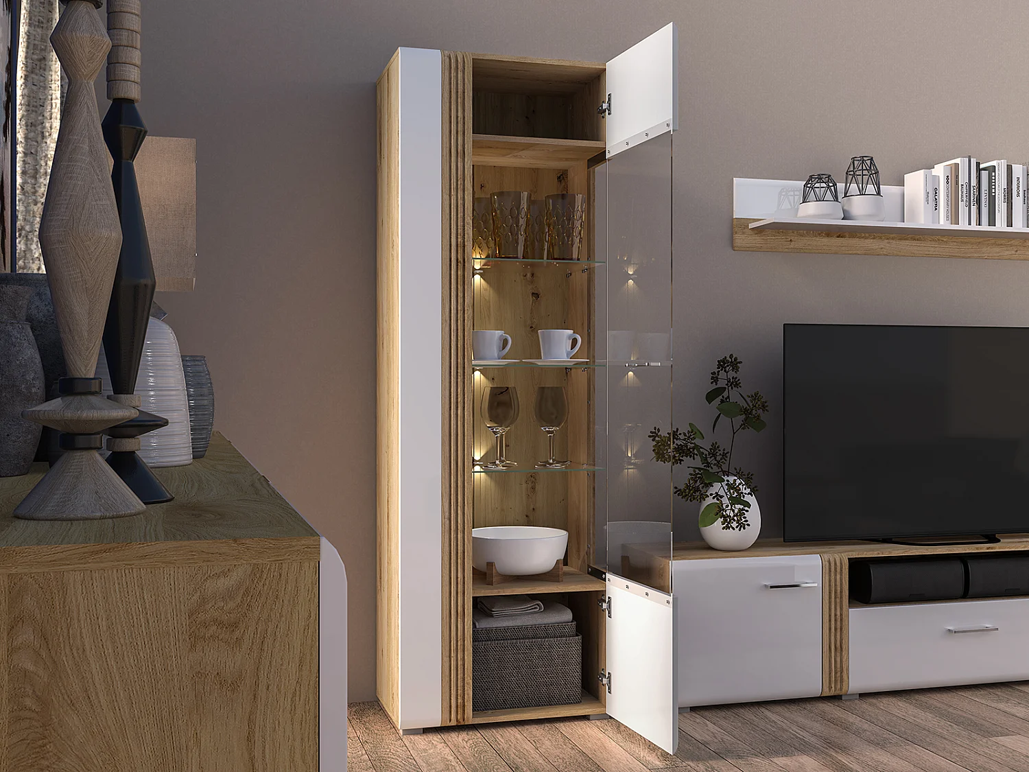 STANDVITRINE Adagio weiß Hochglanz / Eiche castello 65 / 42 / 196cm