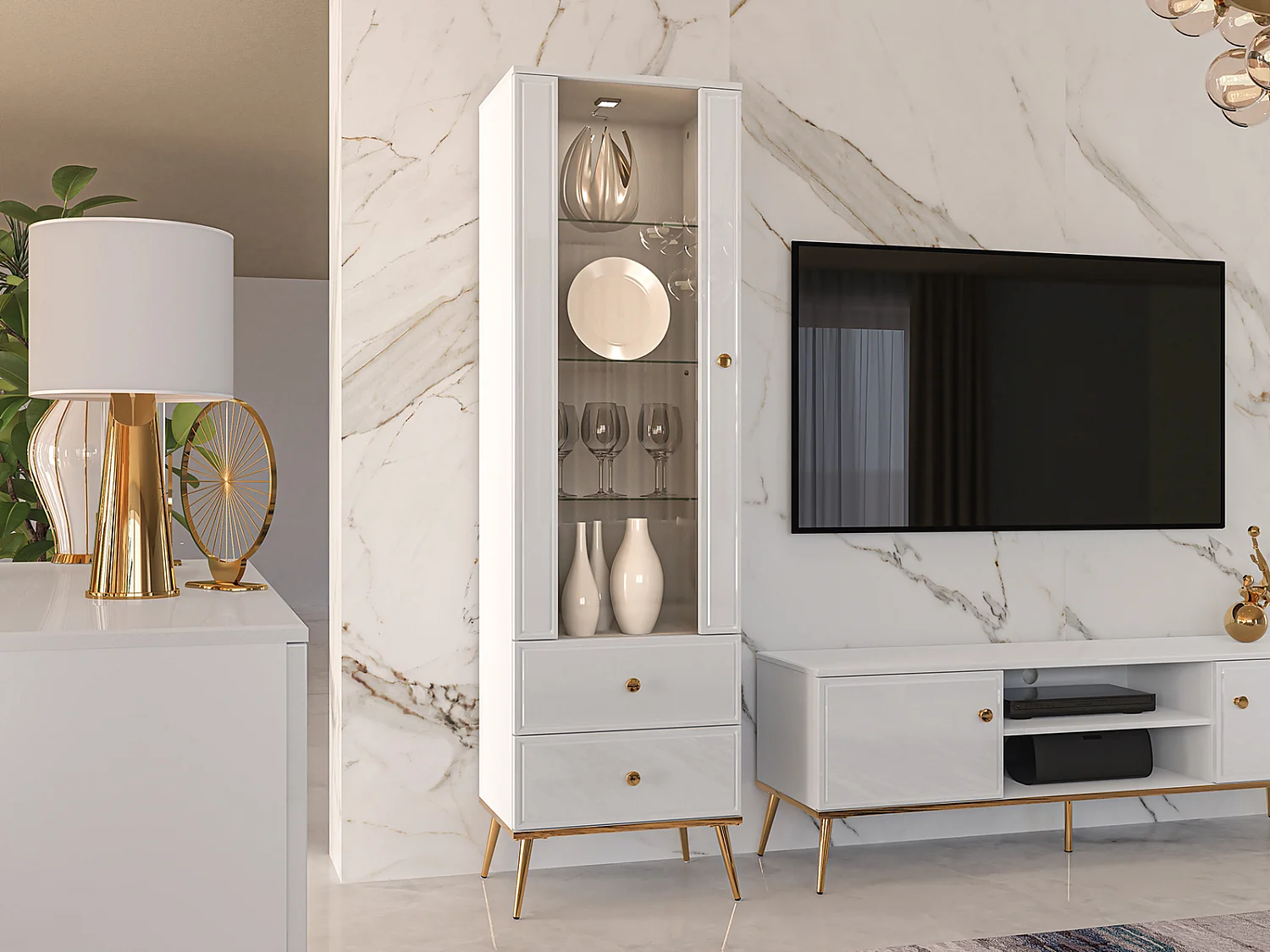 STANDVITRINE Goldin weiß / weiß hochglanz / gold 55 / 40 / 190cm