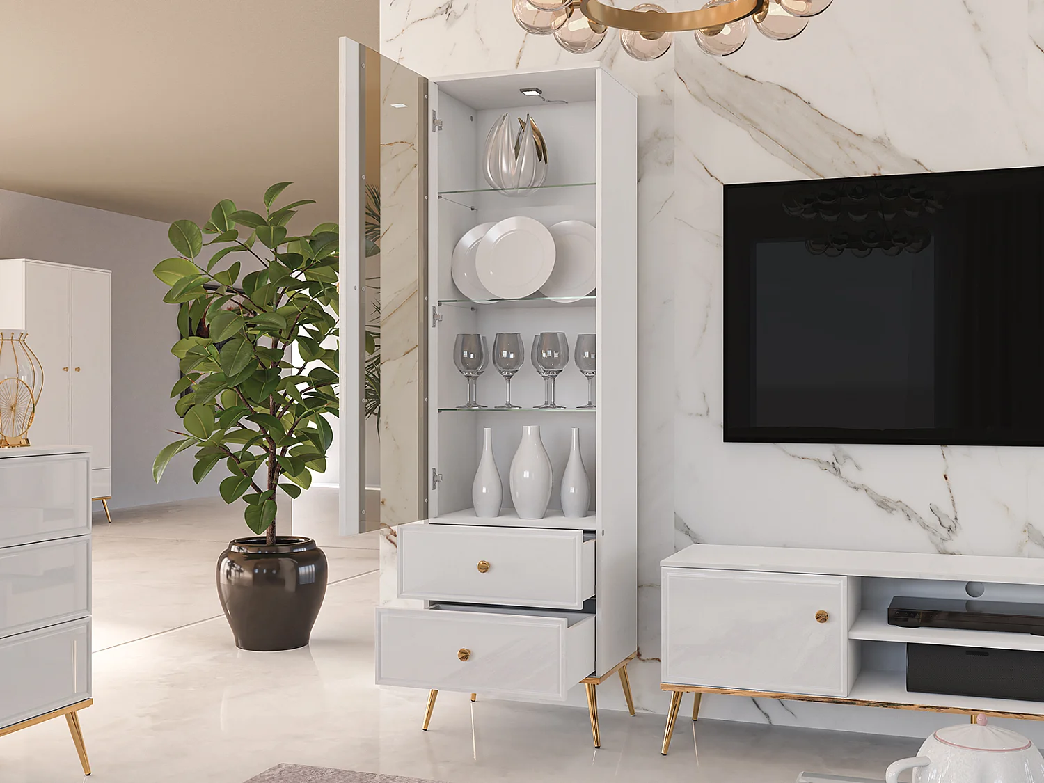 STANDVITRINE Goldin weiß / weiß hochglanz / gold 55 / 40 / 190cm