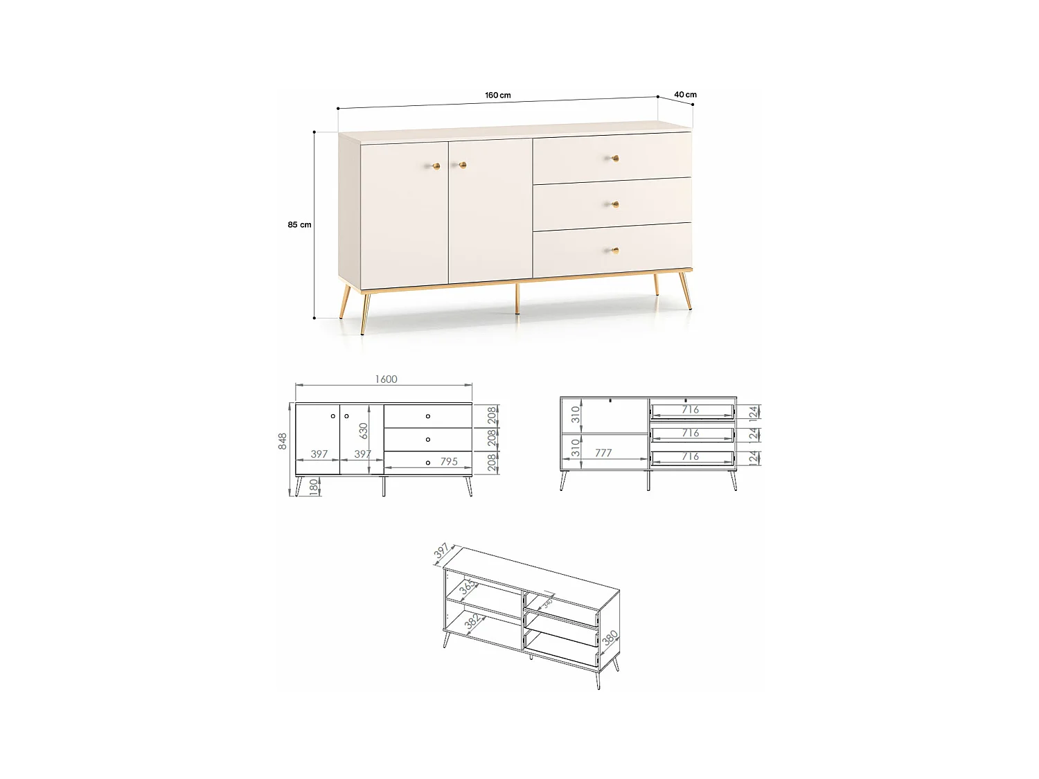 KOMMODE Selgin Kaschmir / Gold 160 / 40 / 85cm