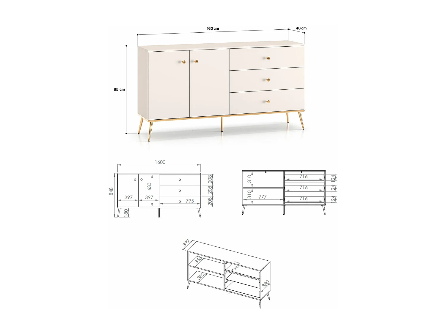 KOMMODE Selgin Kaschmir / Gold 160 / 40 / 85cm