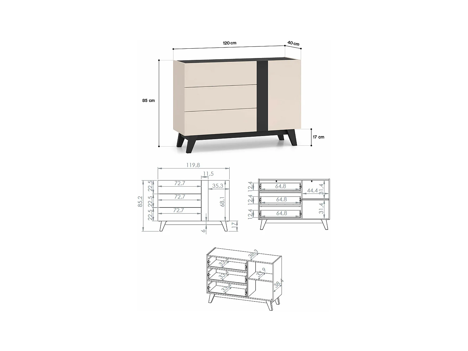 KOMMODE Freshion Kaschmir / Schwarz 120 / 40 / 85cm