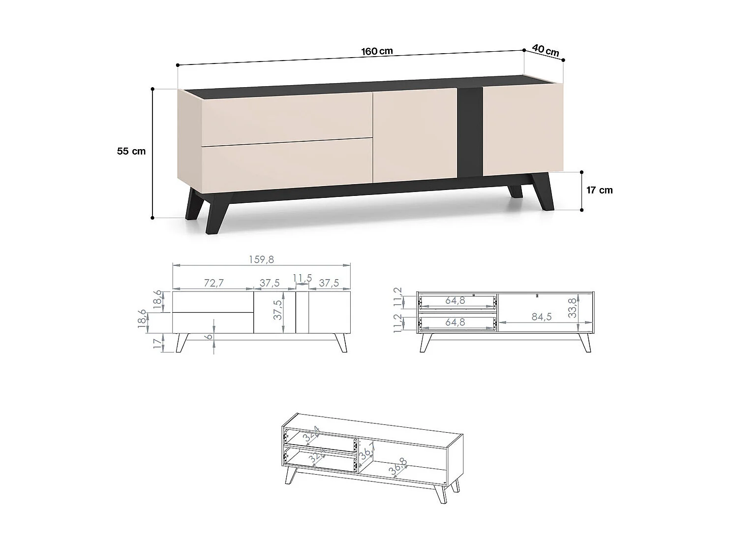 LOWBOARD Freshion Kaschmir / Schwarz 160 / 40 / 55cm