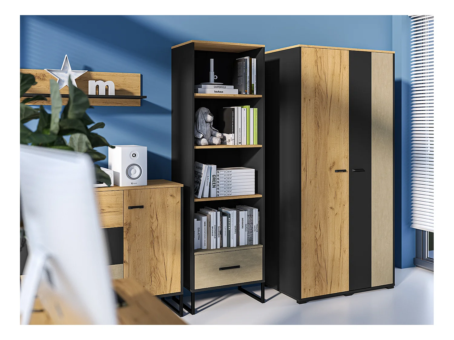 BÜCHERREGAL Colt schwarz / Craft Gold Eiche / Premium Steel 58 / 40 / 190cm