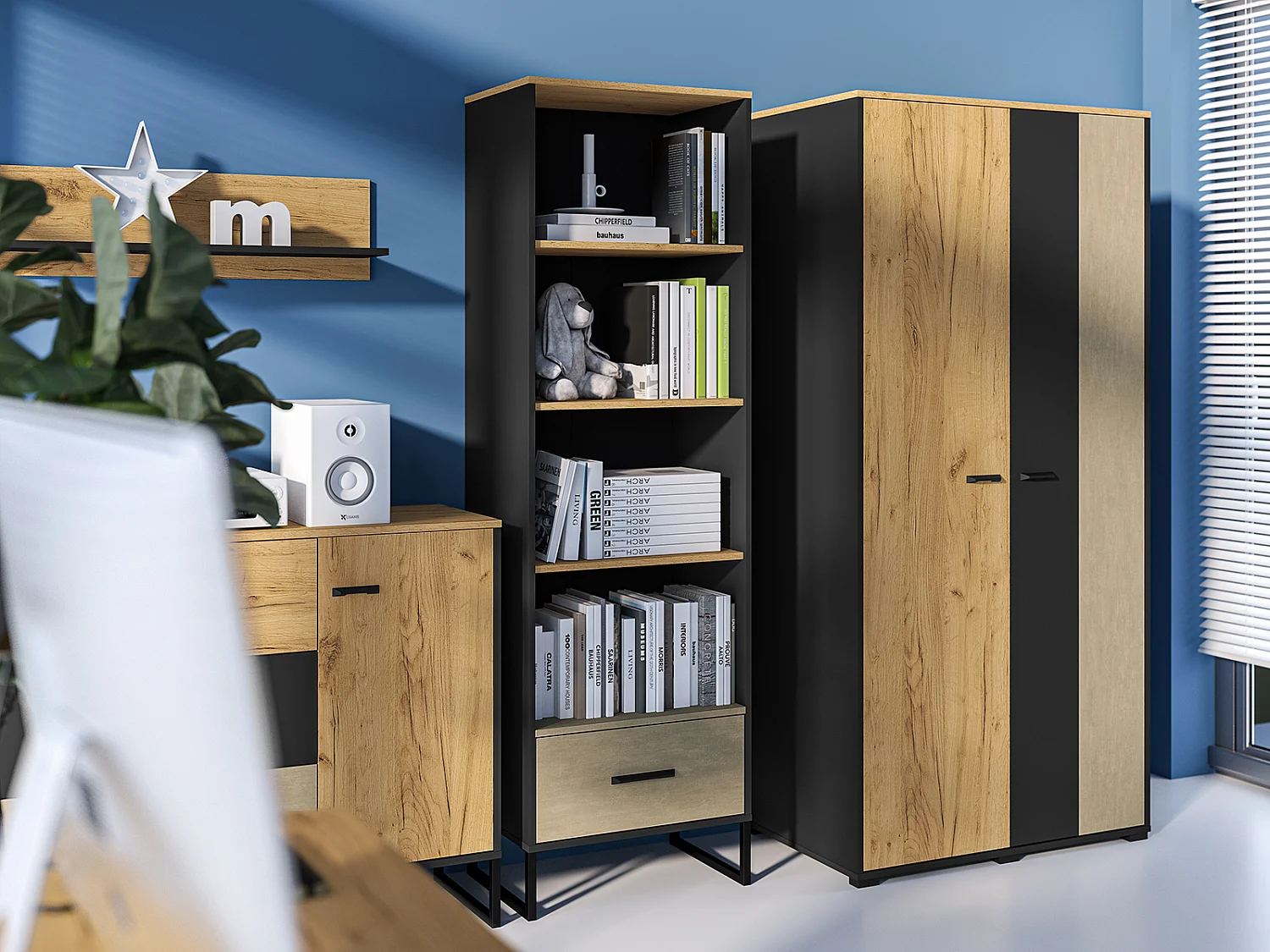 BÜCHERREGAL Colt schwarz / Craft Gold Eiche / Premium Steel 58 / 40 / 190cm