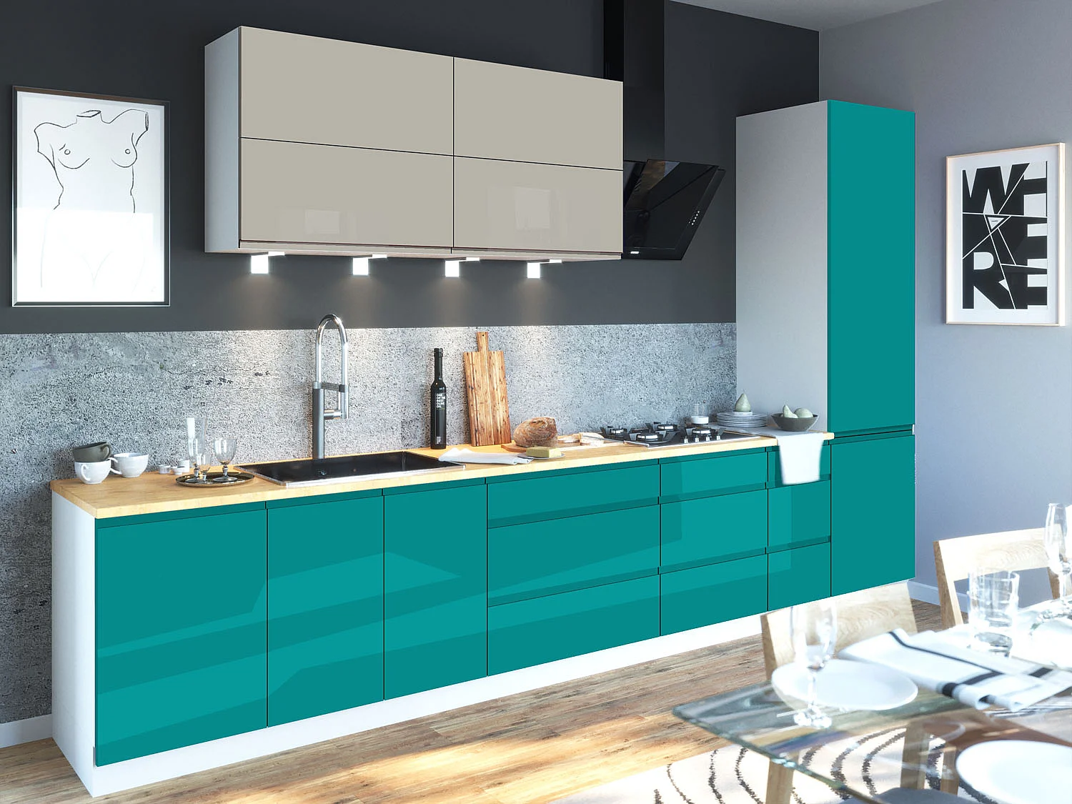 KÜCHENZEILE Florence 8-teilig Seidengrau / Türkisblau 392 / 59 / 207 cm