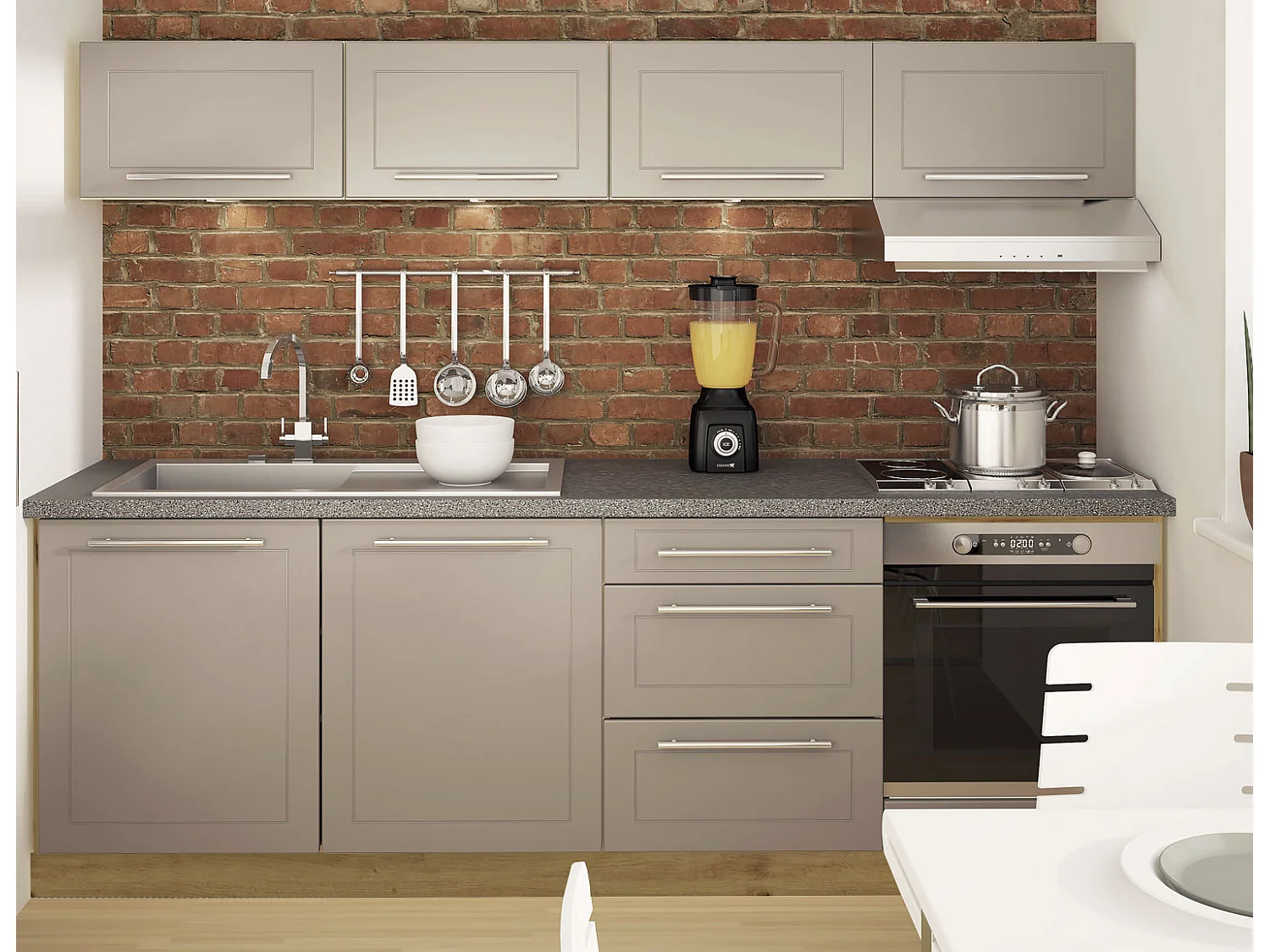 SINGLEKÜCHE Kvantum Weiß Matt / Beige Matt 240 / 50 / 207 cm (8-teilig)