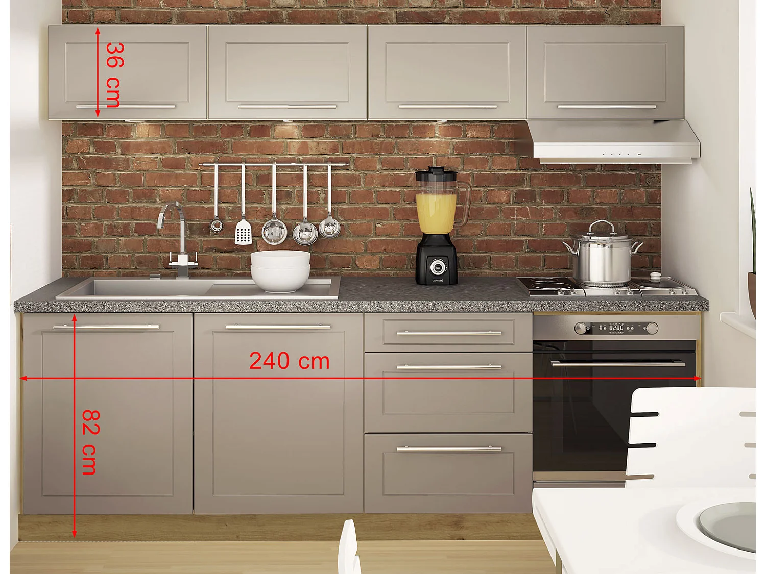 SINGLEKÜCHE Kvantum Weiß Matt / Beige Matt 240 / 50 / 207 cm (8-teilig)