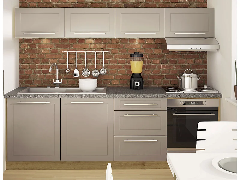 SINGLEKÜCHE Kvantum Weiß Matt / Beige Matt 240 / 50 / 207 cm (8-teilig)