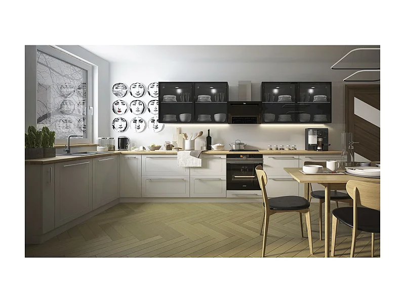 WINKELKÜCHE Kvantum weiß / weiß matt & schwarz 13-teilig