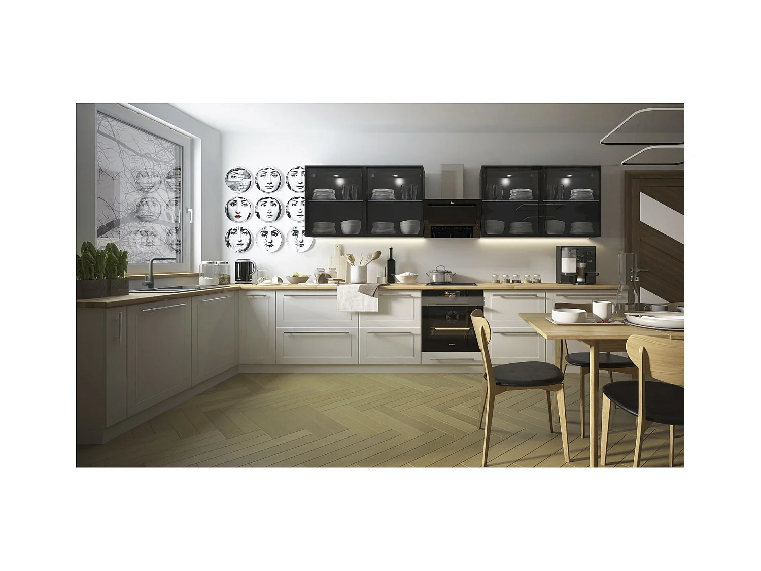 WINKELKÜCHE Kvantum weiß / weiß matt & schwarz 13-teilig