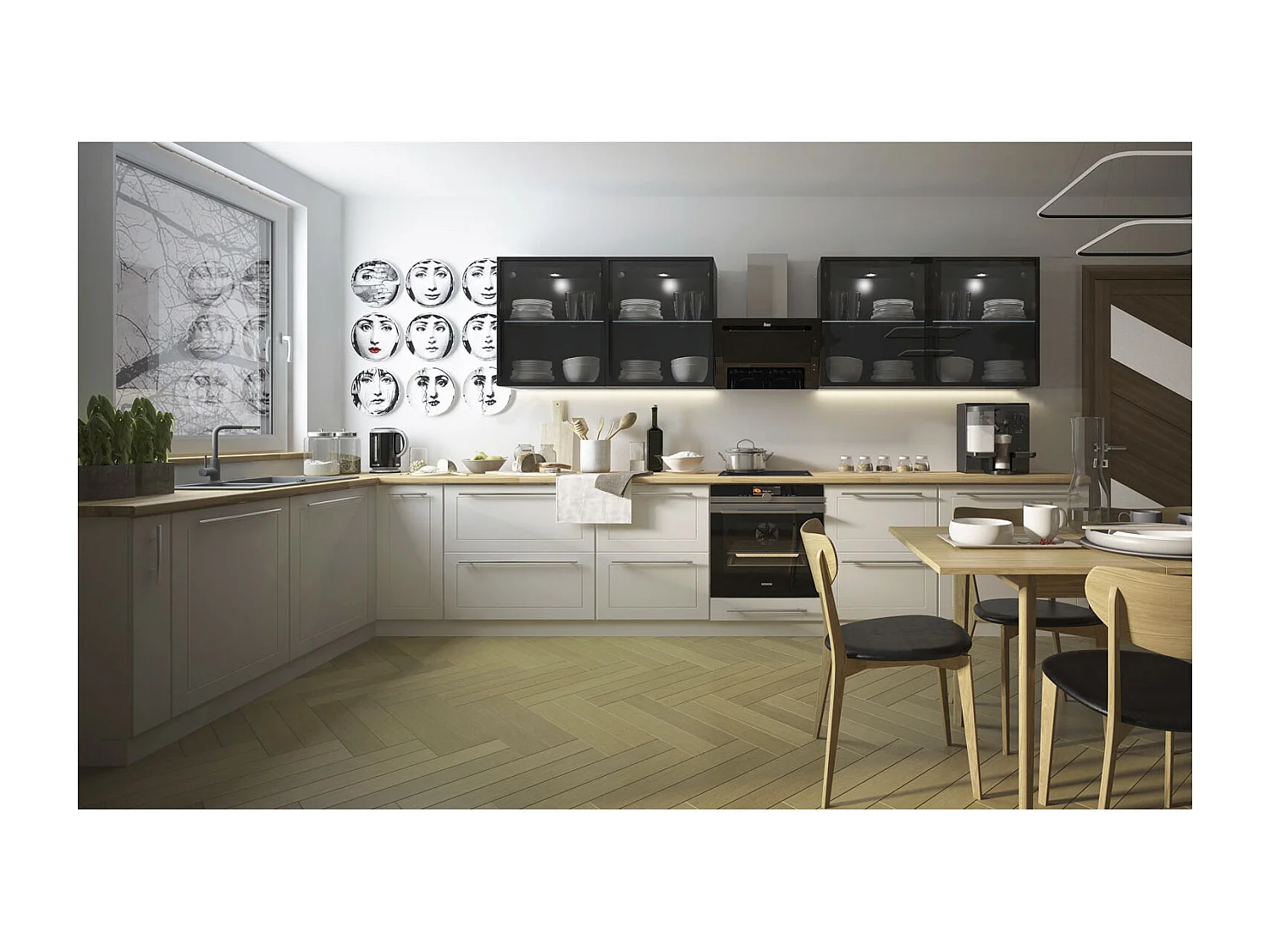 WINKELKÜCHE Kvantum weiß / weiß matt & schwarz 13-teilig