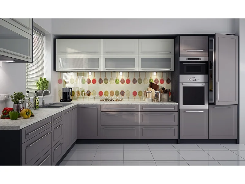 L-FORM KÜCHENZEILE Kvantum Lava / Vanille-Dust Grey Matt 385 / 256 / 207 cm (14-teilig)