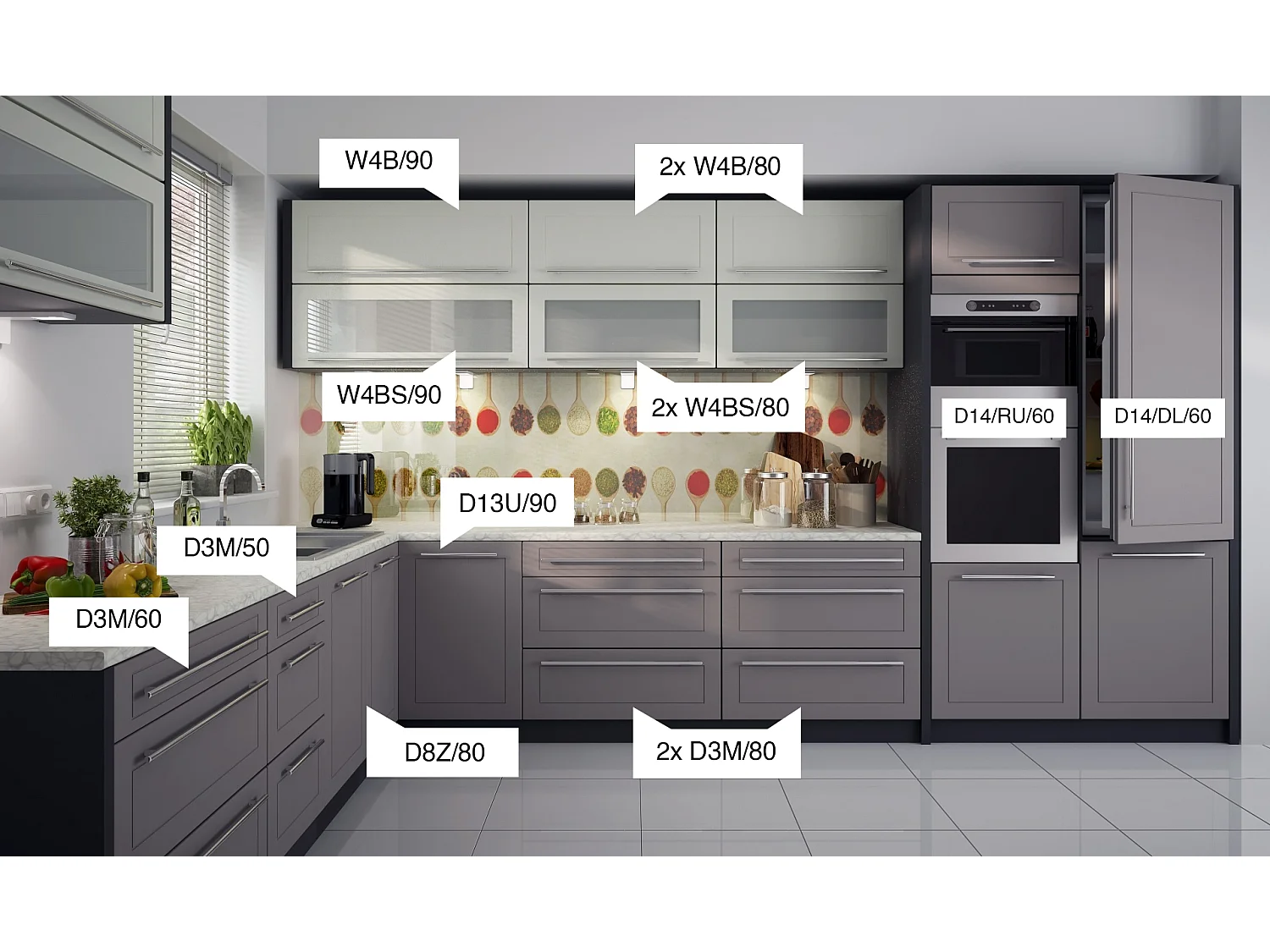 L-FORM KÜCHENZEILE Kvantum Lava / Vanille-Dust Grey Matt 385 / 256 / 207 cm (14-teilig)