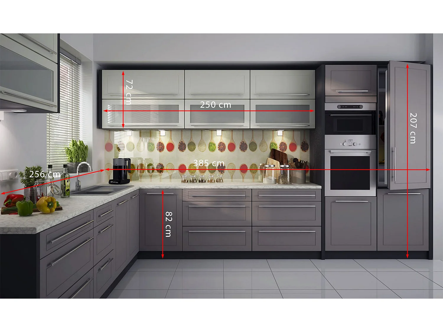L-FORM KÜCHENZEILE Kvantum Lava / Vanille-Dust Grey Matt 385 / 256 / 207 cm (14-teilig)