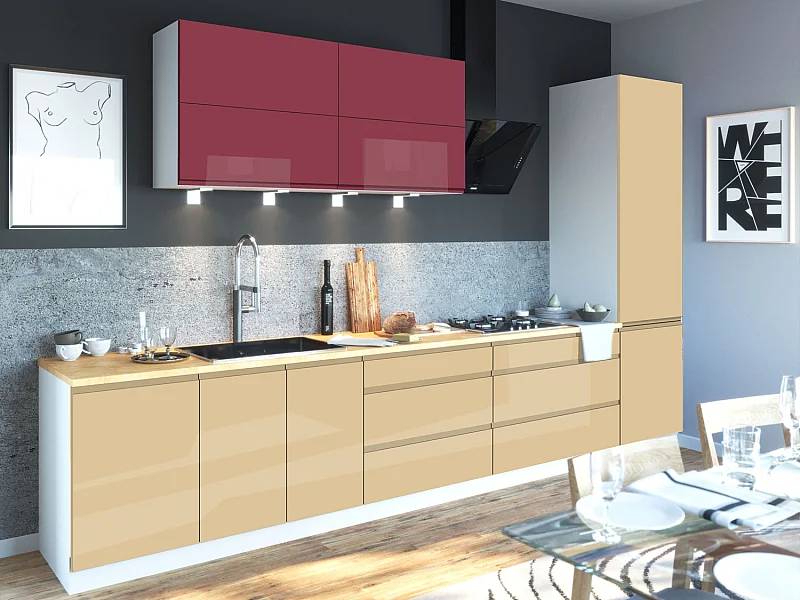KÜCHENZEILE Florence 8-teilig Rotviolett / Elfenbein 392 / 59 / 207 cm