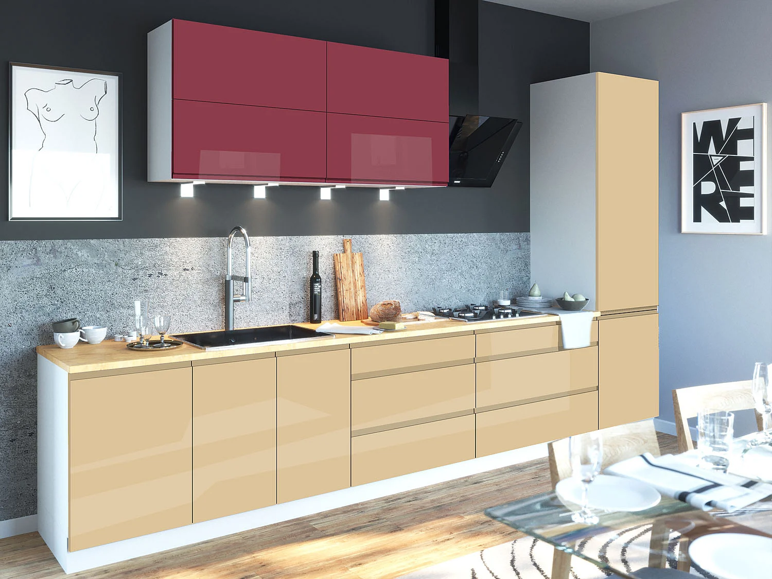 KÜCHENZEILE Florence 8-teilig Rotviolett / Elfenbein 392 / 59 / 207 cm