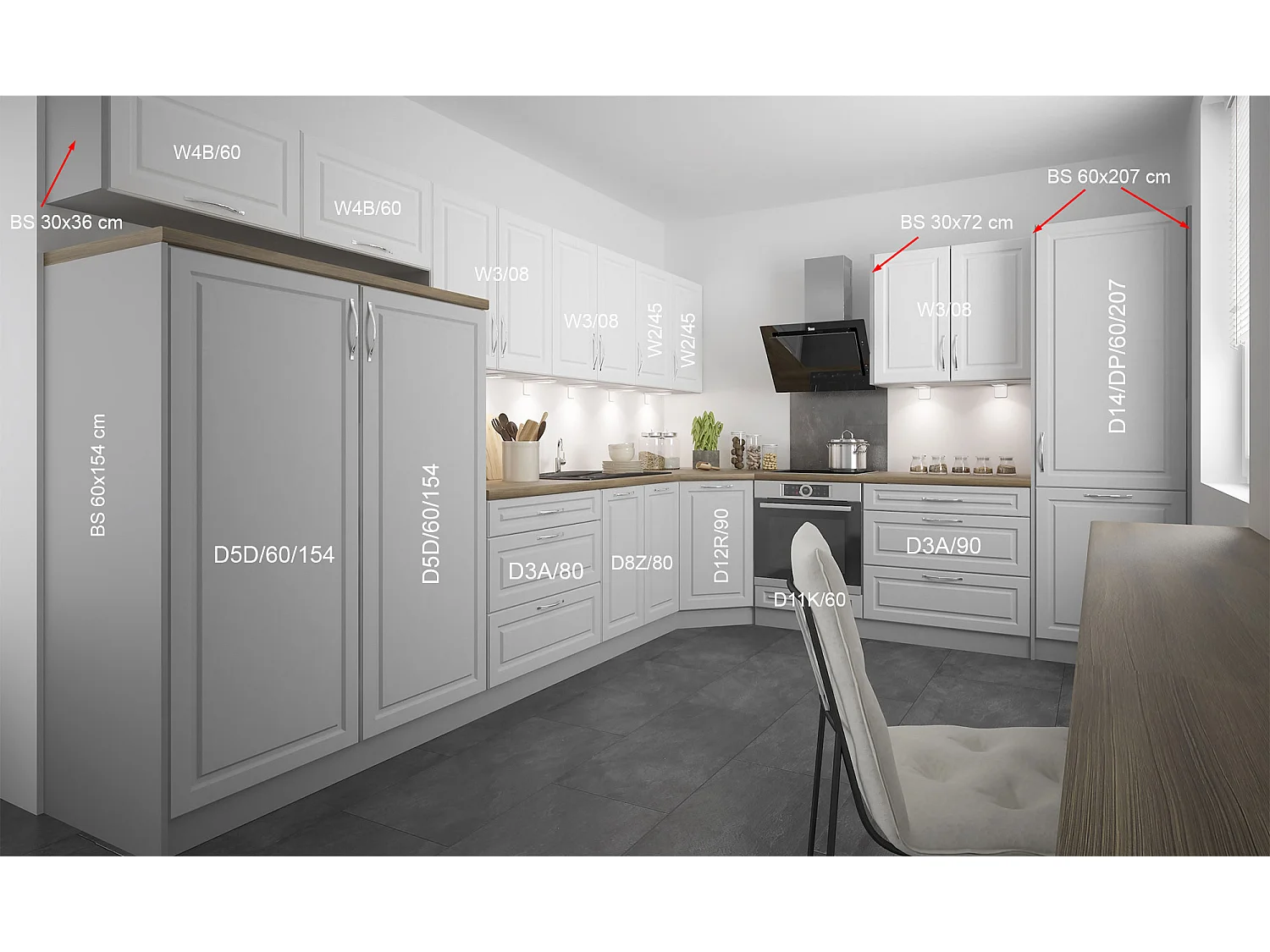 L-FORM KÜCHENZEILE Elbing Grau Matt / Weiß-Light Grey Stone 372 / 304 / 207 cm (15-teilig)