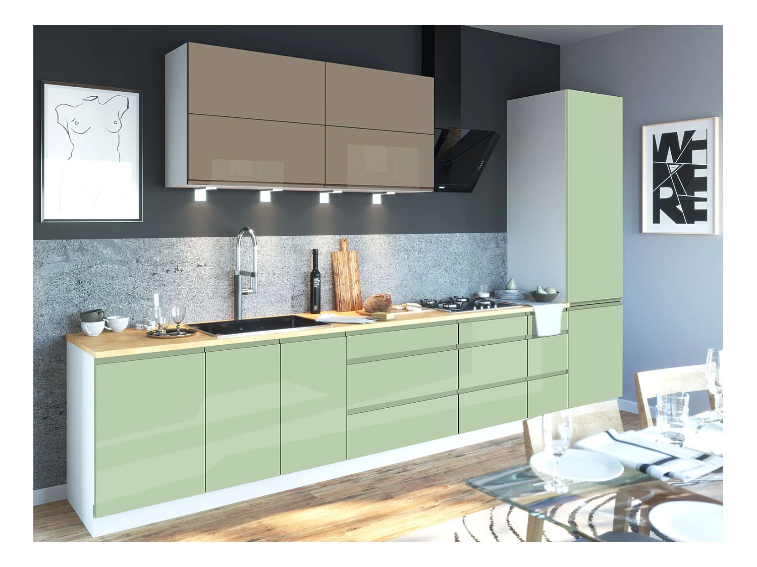 KÜCHENZEILE Florence 8-teilig Perlbeige / Weißgrün 392 / 59 / 207 cm