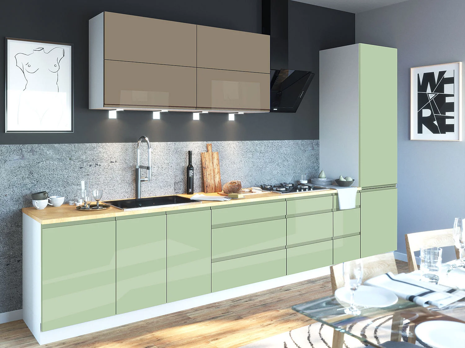 KÜCHENZEILE Florence 8-teilig Perlbeige / Weißgrün 392 / 59 / 207 cm