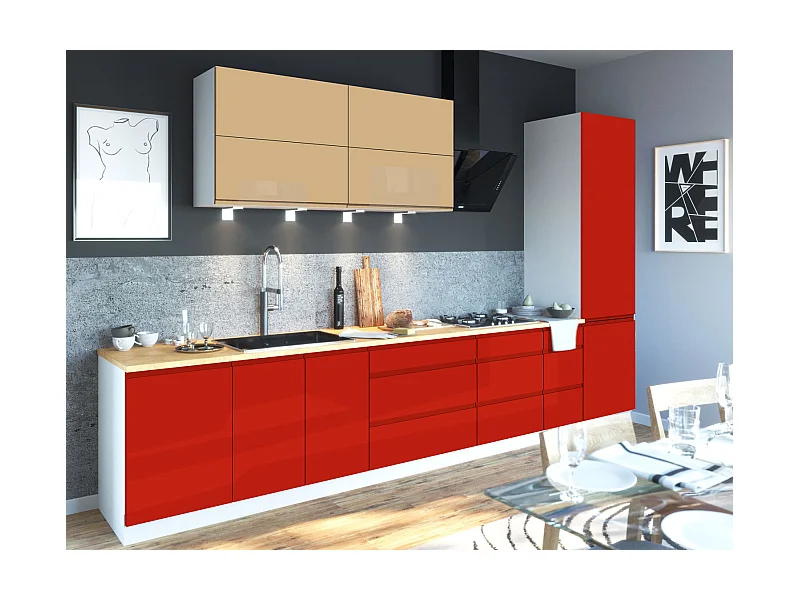 KÜCHENZEILE Florence 8-teilig Beige / Verkehrsrot 392 / 59 / 207 cm