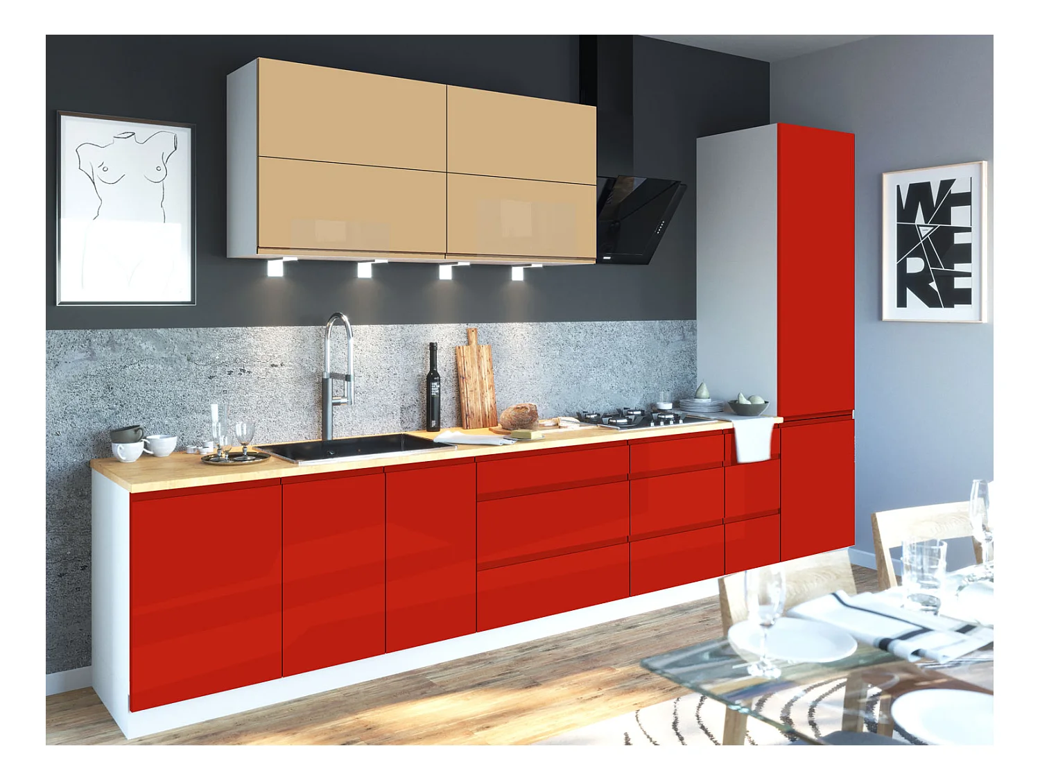 KÜCHENZEILE Florence 8-teilig Beige / Verkehrsrot 392 / 59 / 207 cm