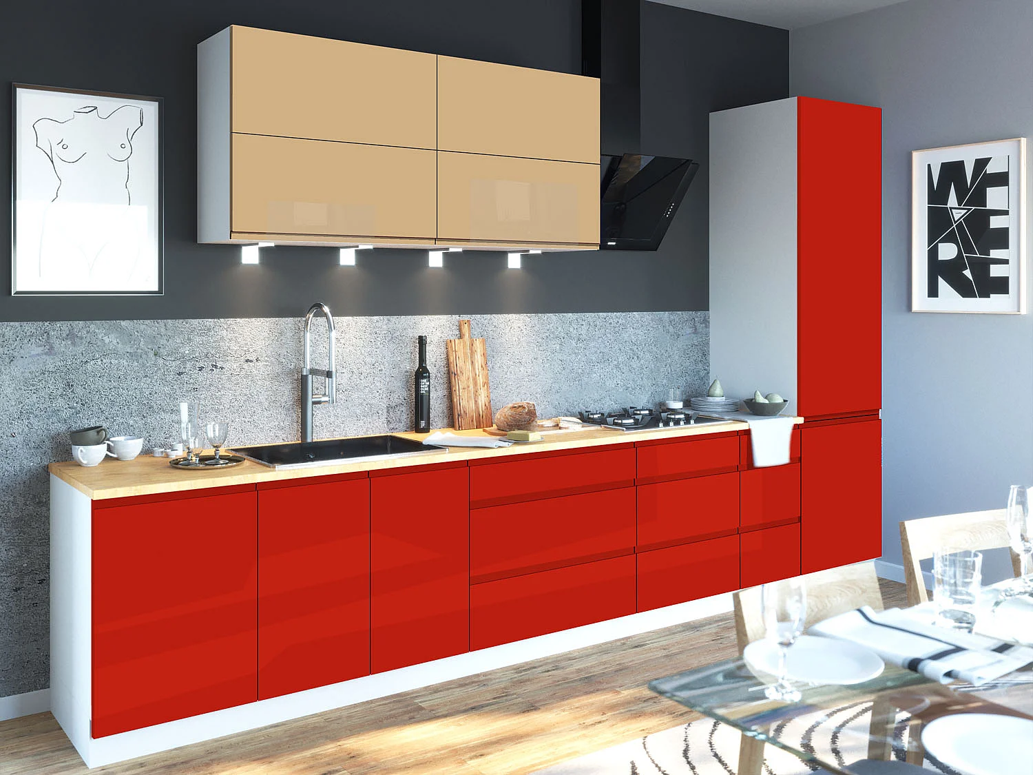 KÜCHENZEILE Florence 8-teilig Beige / Verkehrsrot 392 / 59 / 207 cm