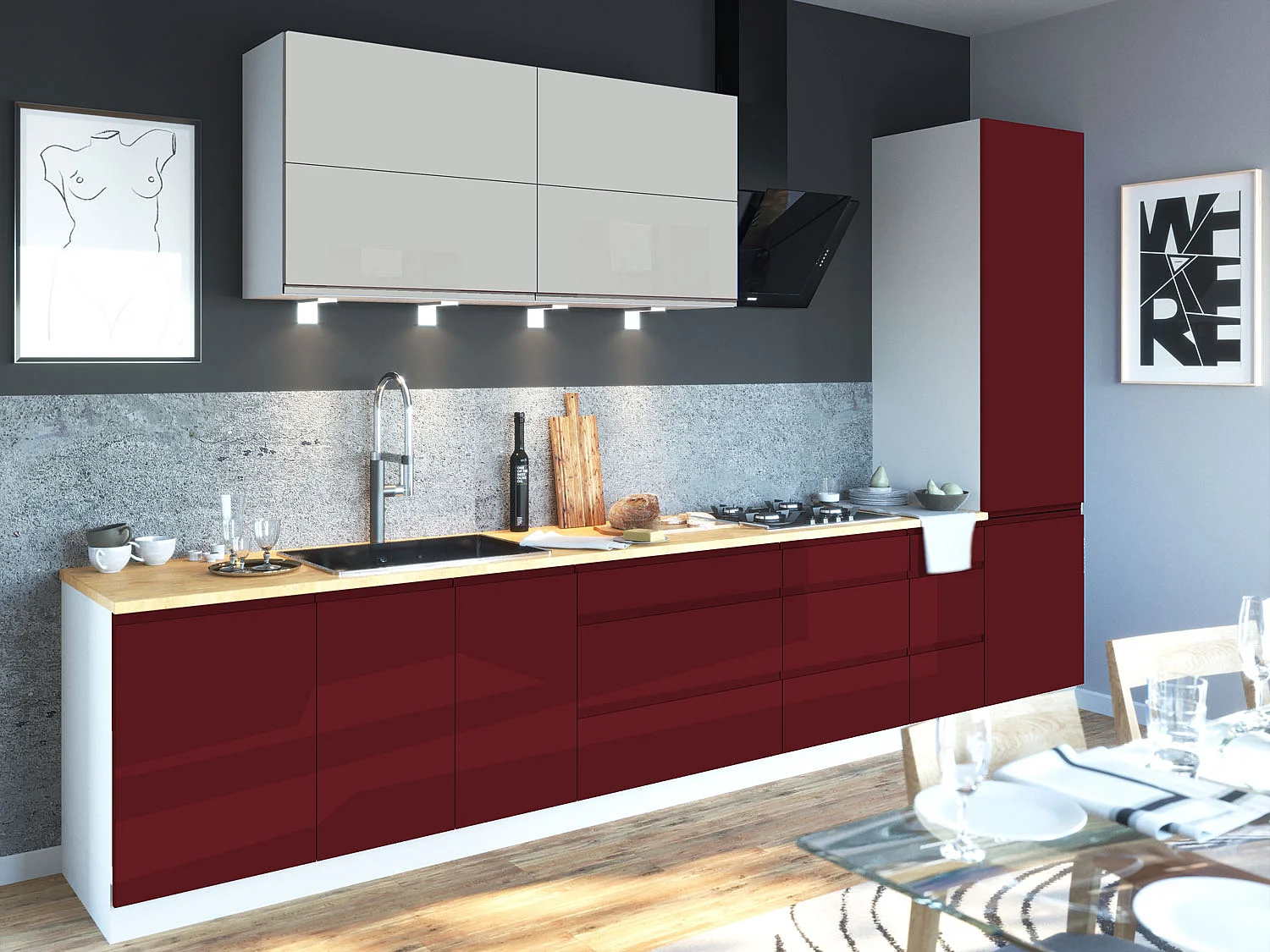 KÜCHENZEILE Florence 8-teilig Lichtgrau / Weinrot 392 / 59 / 207 cm