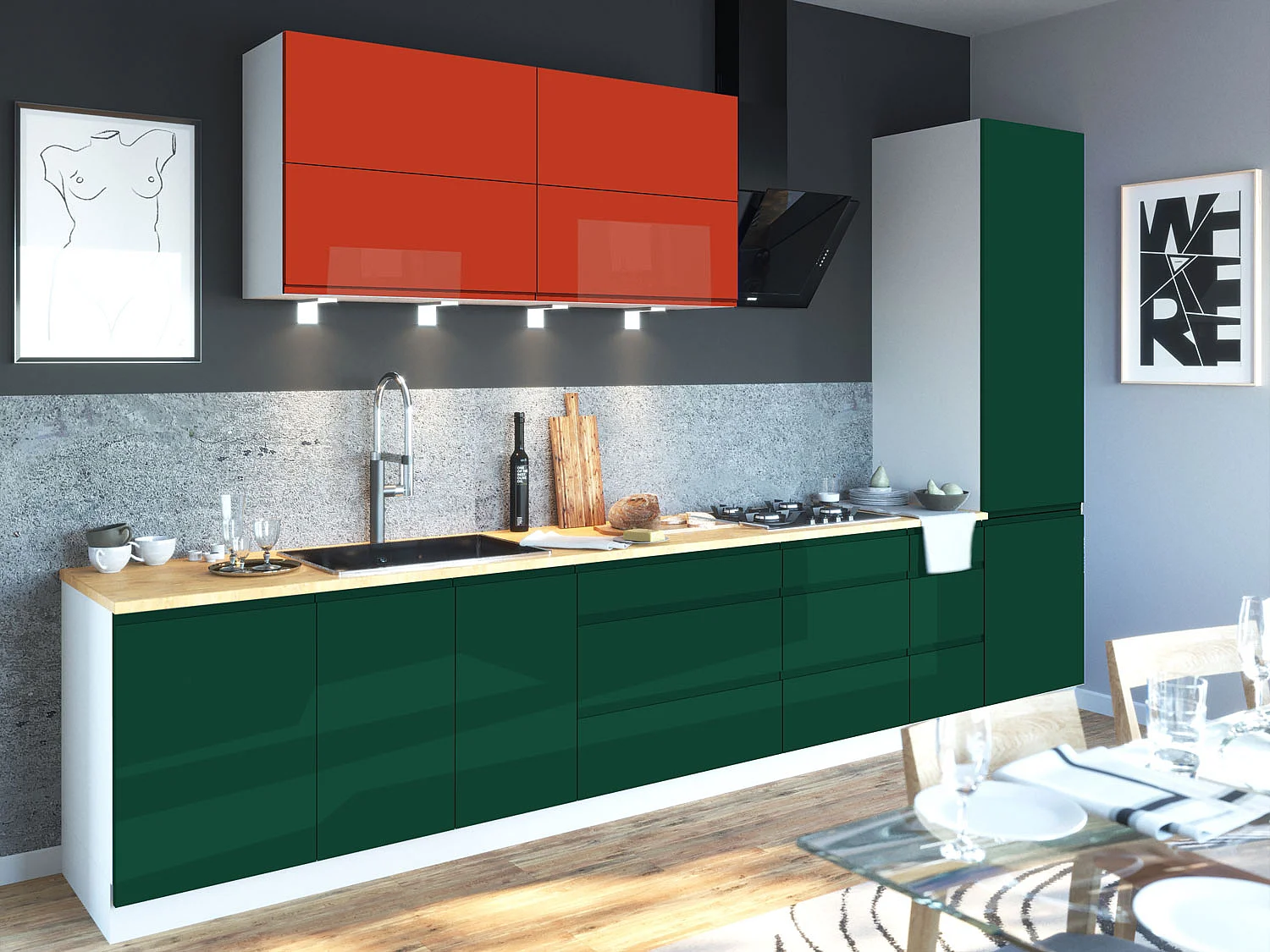 KÜCHENZEILE Florence 8-teilig Blutorange / Moosgrün 392 / 59 / 207 cm