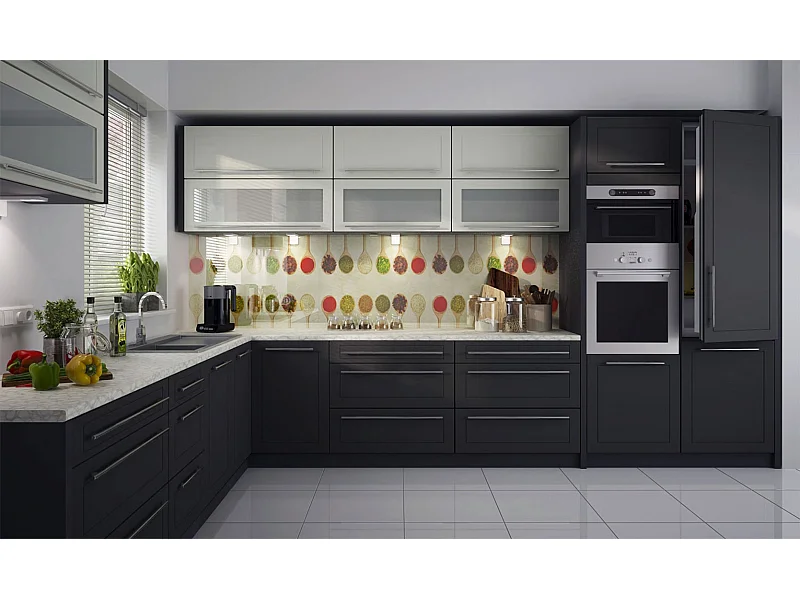 L-FORM KÜCHENZEILE Kvantum Lava Matt / Vanille-Graphit Matt 385 / 253 / 207 cm (14-teilig)