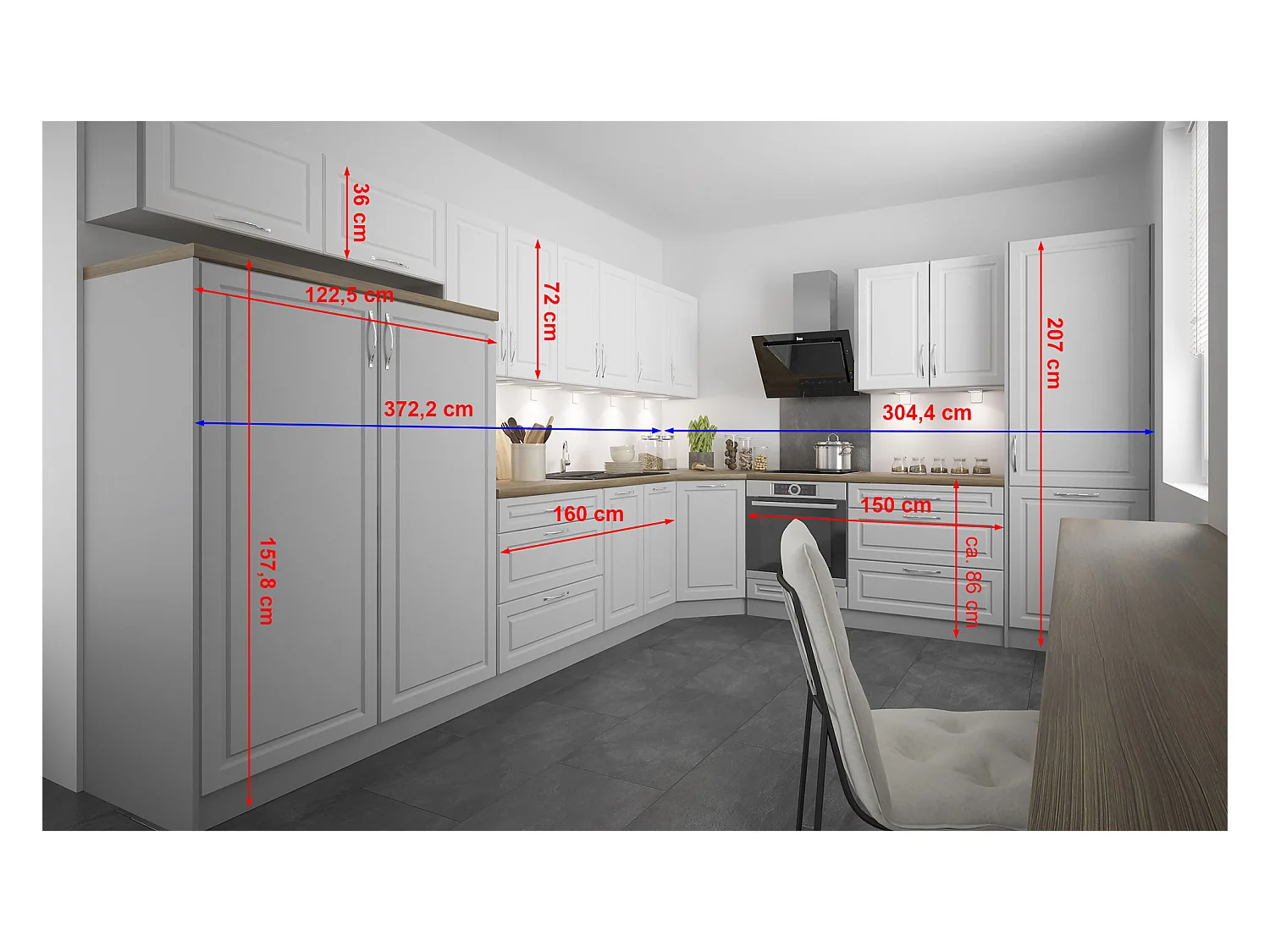 L-FORM KÜCHENZEILE Elbing Grau Matt / Weiß-Light Grey Stone 372 / 304 / 207 cm (15-teilig)